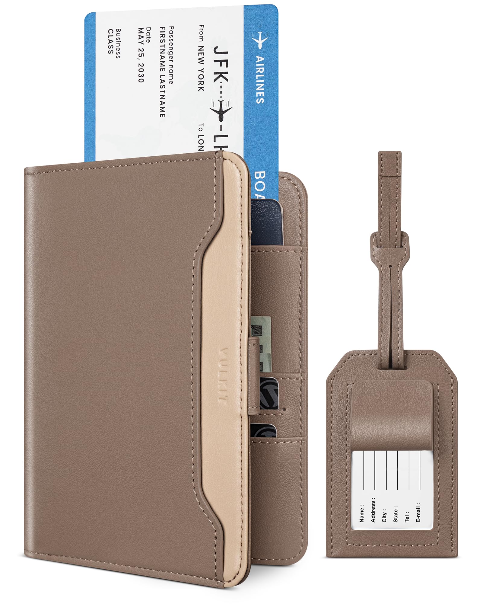VULKIT Etui na paszport, portfel podróżny dla mężczyzn i kobiet, blokowanie RFID, rodzinny uchwyt na paszport z etykietą bagażową, niezbędne rzeczy podróżne, organizer na dokumenty, bilety, karty