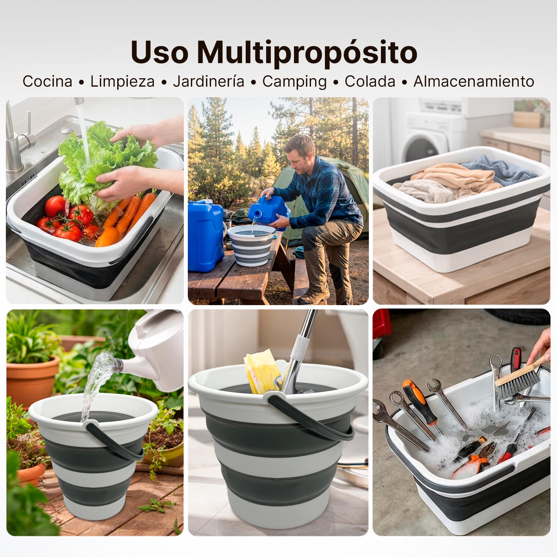 Cubo Plegable de Silicona 16 litros, Rectangular, con Asas, Compacto y Portátil, Ahorra Espacio para Limpieza, Coche, Maletero, Camping, Jardín y Colada (16 litros Rectangular) — view 6