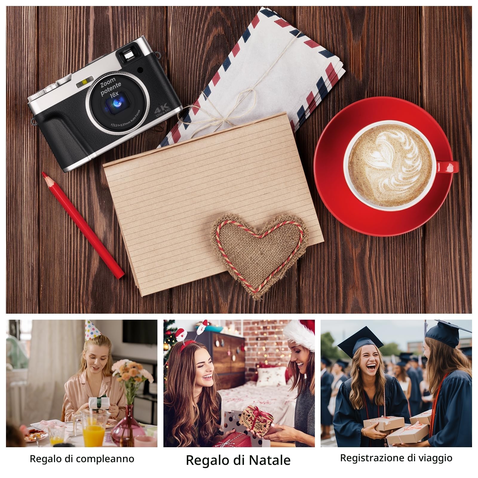 Fotocamera Digitale 4K 48MP Autofocus con Mirino, Macchina Fotografica con Scheda da 32GB e 2 Batterie, Fotocamera Compatta con 16X Zoom per Fotografi Principianti/Viaggiatori/Adolescenti-Nero