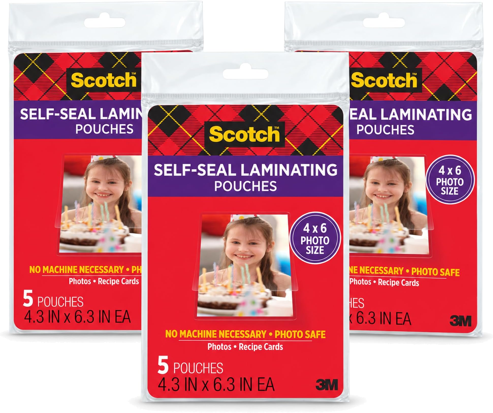 Scotch Self-Sealing Laminating Pouches, 4 x 6 Inches, 3-Pack of 5 Pouches – No Machine Needed, Clear, Photo Safe
