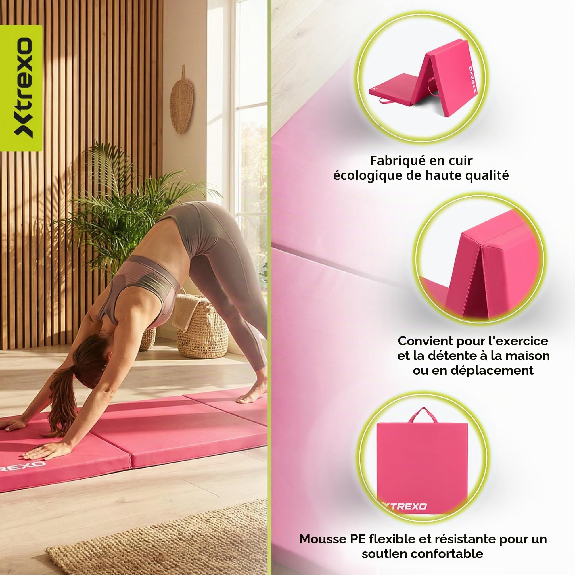 TREXO – Tapis de Gymnastique Pliable 180 x 60 x 5 cm 3-Panneaux – Tapis d’Entraînement Portable avec Poignée, Mousse EPE & Revêtement Similicuir – Rose