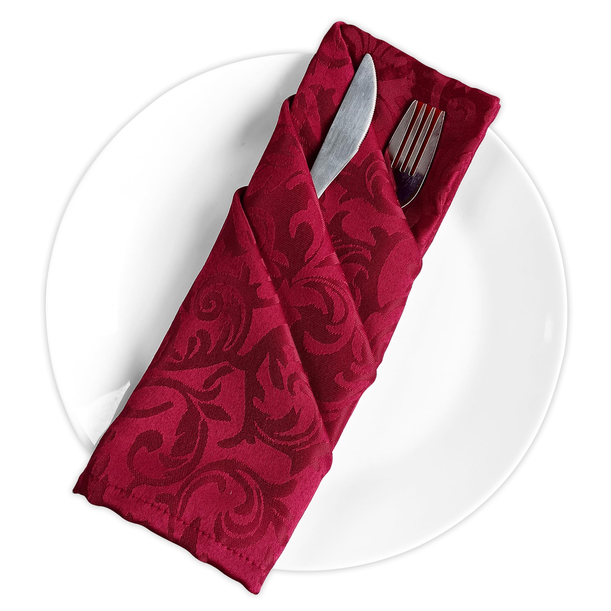 Trimming Shop Servilletas de mesa de comedor de cocina, paquete de 50 (20 x 20 pulgadas), servilletas de tela de cena 100% poliéster, servilletas de mesa rojas con patrón de hojas enrolladas de