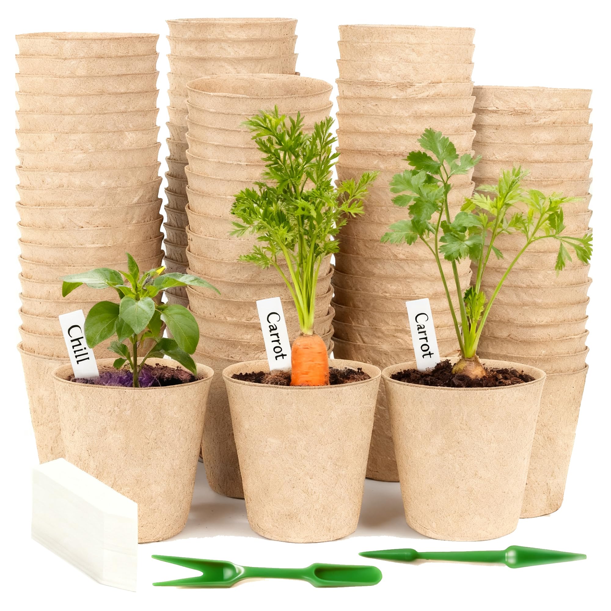 JAADU Vasetti per Piantine, 100 Pezzi 8 cm Vasi per Vivai Biodegradabili al, con 100 Etichette per Piante e 2 Attrezzi da Giardinaggio, per Germinazione et Taleaggio di Semi, Ortaggi, Fiori