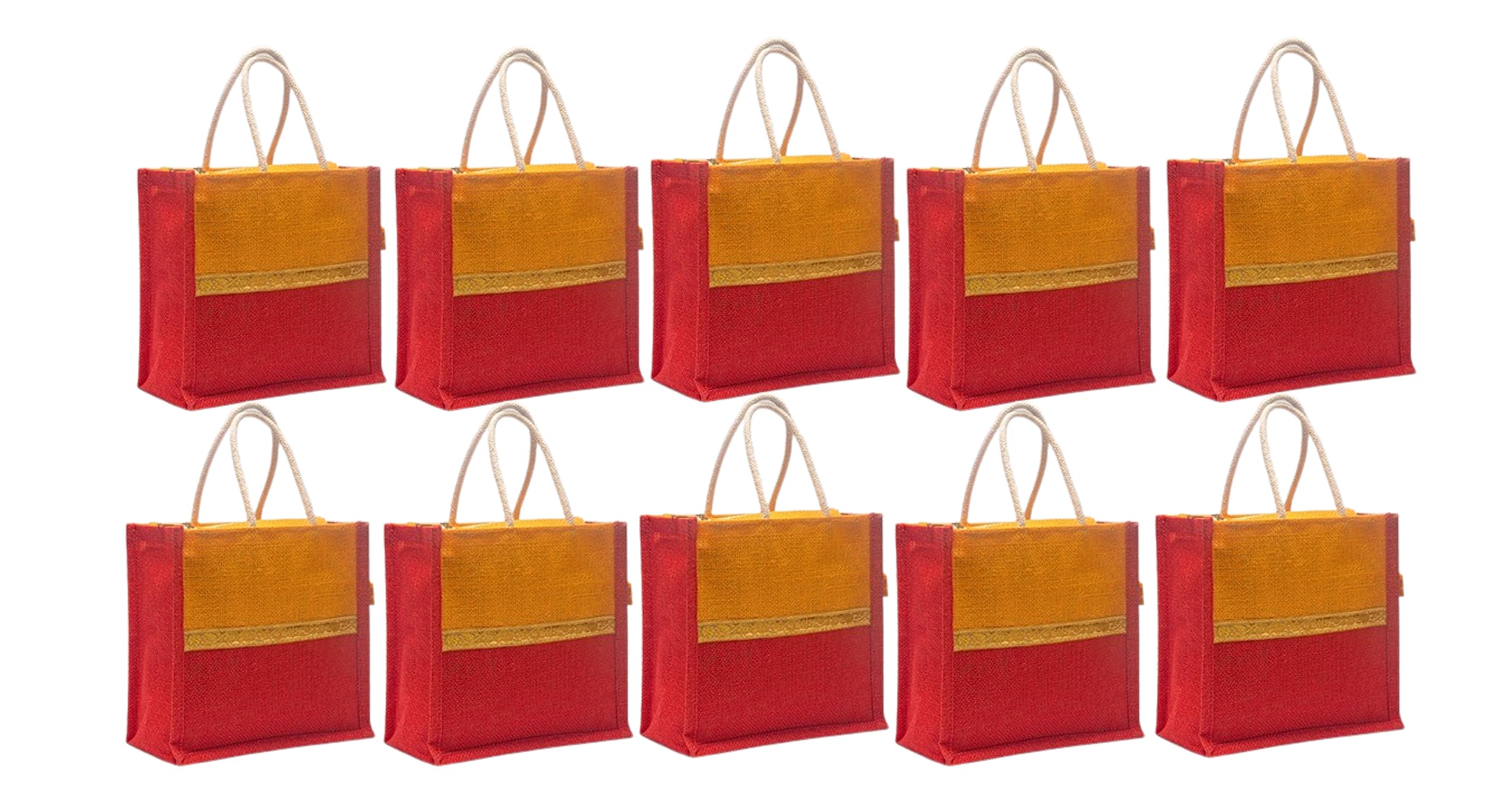 Soman Jute Ecofriendly Return Gift Bags with Zip Golden Yellow Red Combo Pack of 10 Bags