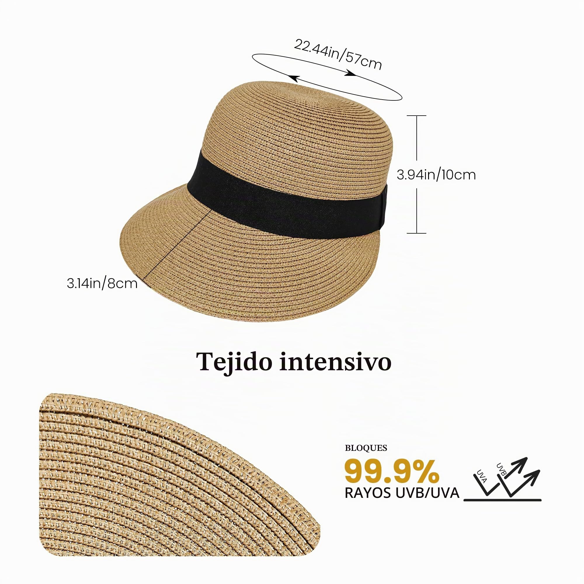 Wildarms De Mujer Summer Straw Sun Hat - Negro Ribbon Foldable Outdoor Floppy Straw Beach Hats (, Talla única, Beige)