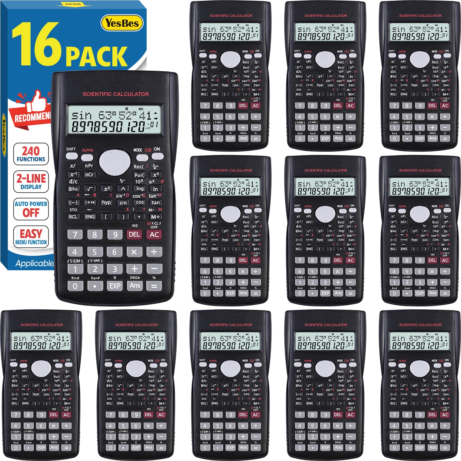 Confezione da 16 calcolatrici scientifiche, display a 2 righe con ampio schermo a 240 funzioni, calcolatrici scientifiche per studenti, calcolatrice di frazioni di algebra matematica, per scuola