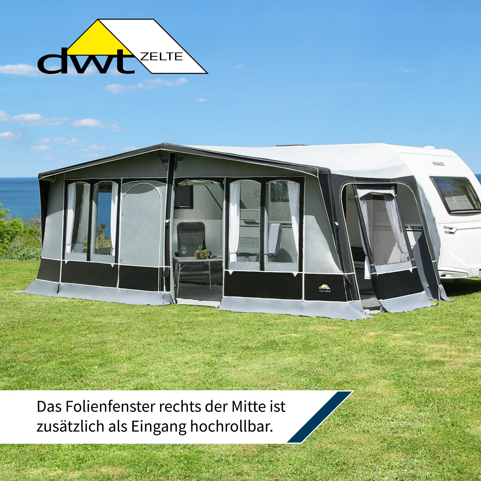 DWT aufblasbares Vorzelt für Wohnwagen - Prime Air II - herausnehmbare Vorder- und Seitenwände - Ganzzelt 240 cm Tiefe - Air-In-System