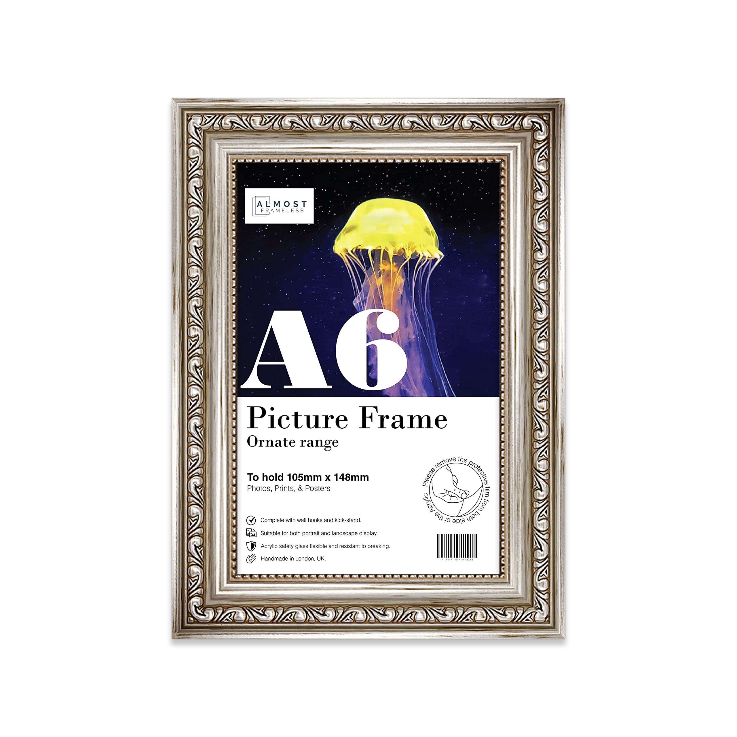 Almost Frameless A6 Silver Ornate Picture Frame 4.1"x5.8"(10.5x14.8cm) Poster, Photo, Artwork, or Print. Shabby Chic Style Portrait and Landscape Display with Wall Hooks