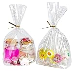 PigPotParty Cellophane Treat Bags 7x10, 50 Pack Clear Goodie Bags, Bottom Gusset for Stand-Up Display, Small Plastic Gift Wrap for Cookies, Candy, Party Favors, Popcorn, Includes 50 Gold Ties