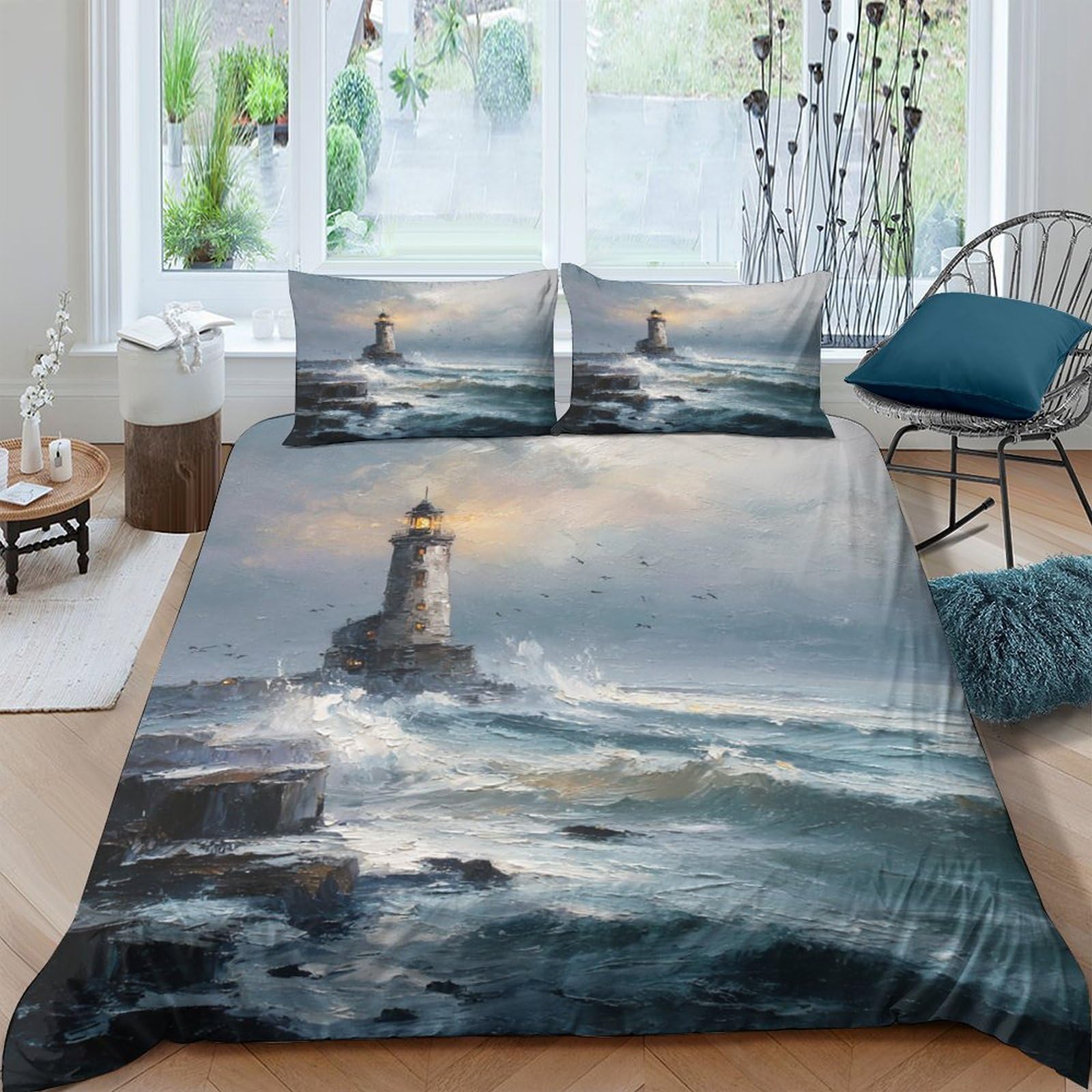 Ctjqhvkz Style-8 3D Printed Lighthouse Ocean Fitted Sheet Microfiber Soft Breathable Stormy Sea Mattress Cover For Bedroom Guest Room Decor Single（135X200cm）