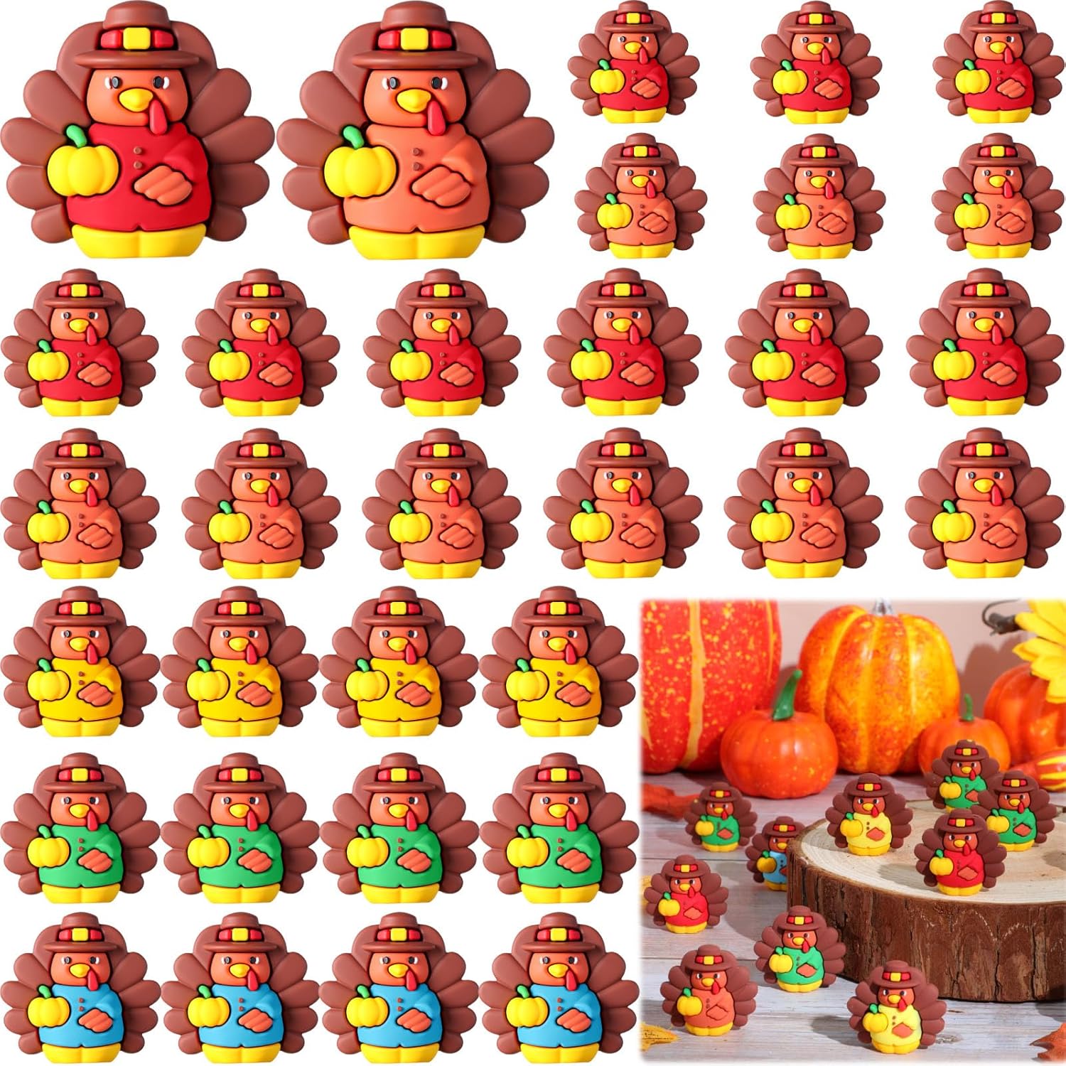 Domensi 100 Pcs Thanksgiving Mini Turkey Figurines Tiny Resin Turkey Figure to Hide and Seek Fall Mini Miniature Toy Multicolored Statue Charm for Autumn Decor Party Favor Gift Home Table Centerpiece