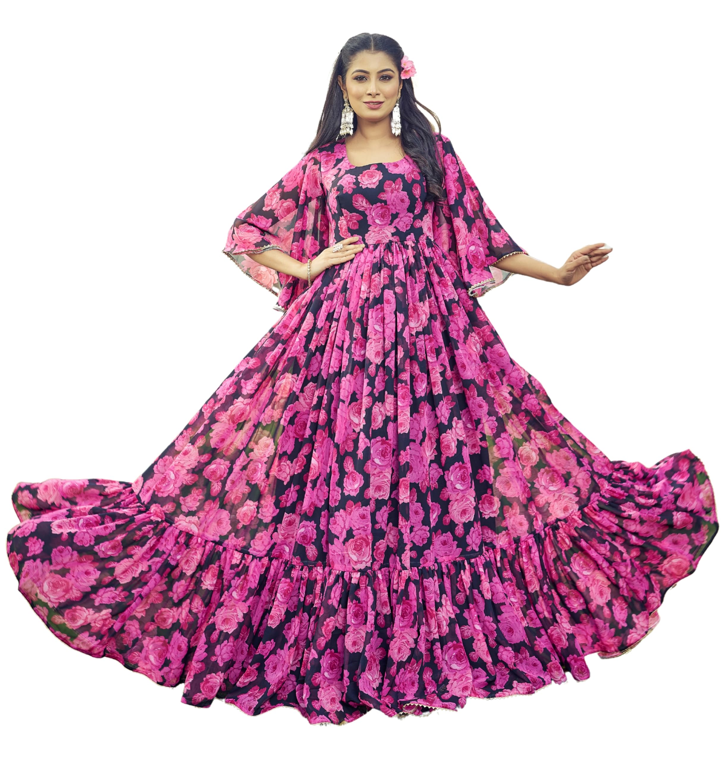 samprag Georgette Gown for Women | Full Length | Printed | Fit & Flare | Flared & Bell Sleeves | Round Neck | Ethenic Dress | Ideal for Casual, Wedding & Party Occassions | Pink-picture-38