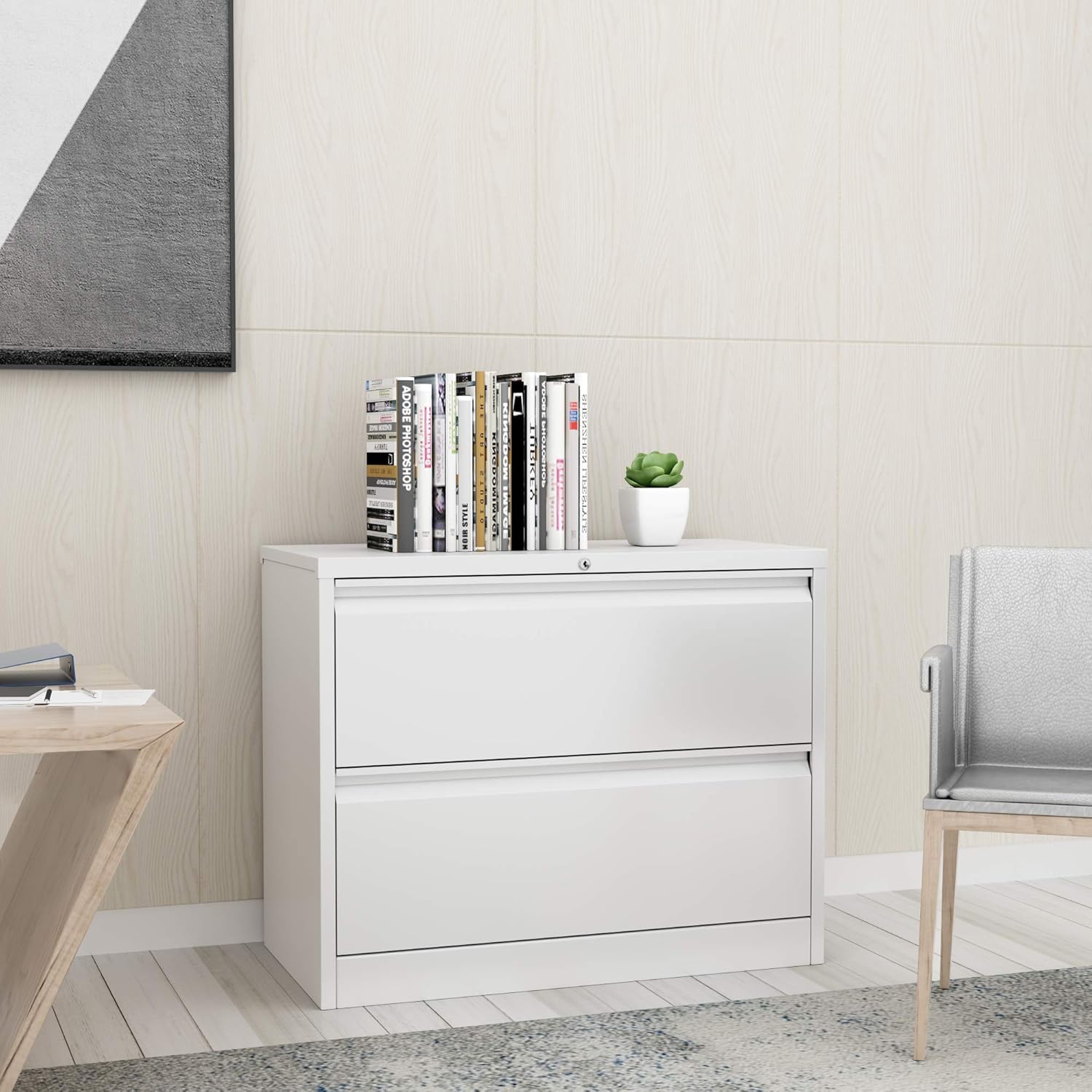 STEELCUBE 2 Drawer Lateral File Cabinet, 2 Drawer Lateral File Cabinet with Lock, Metal Lateral File Cabinet for Home and Office. (White) : Office Products