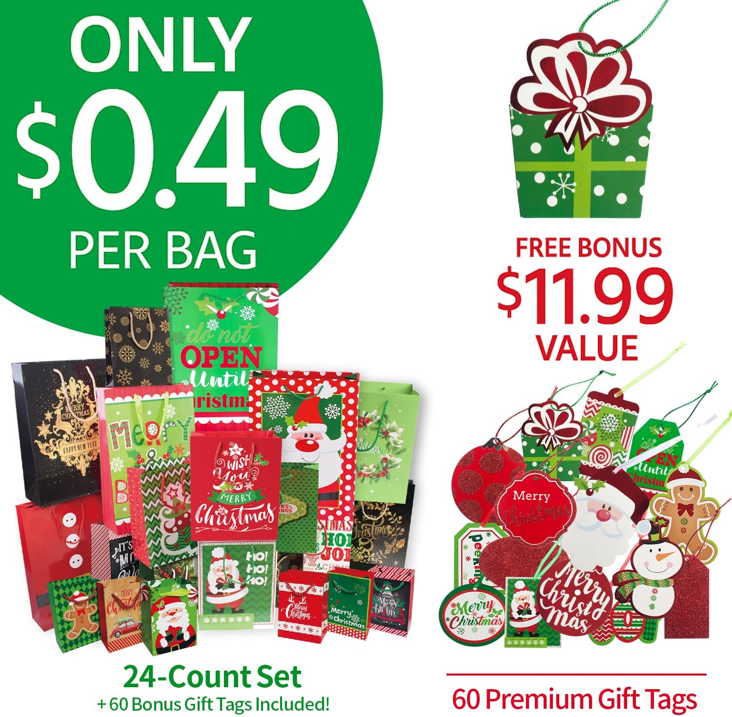 Party Funny 24 Christmas Gift Paper Bags Bulk with handles and 60 Count Christmas Gift Tags-Assorted sizes set for Wrapping Xmas Holiday Presents(6 Jumbo,6 Large,6 Medium,6 Small)