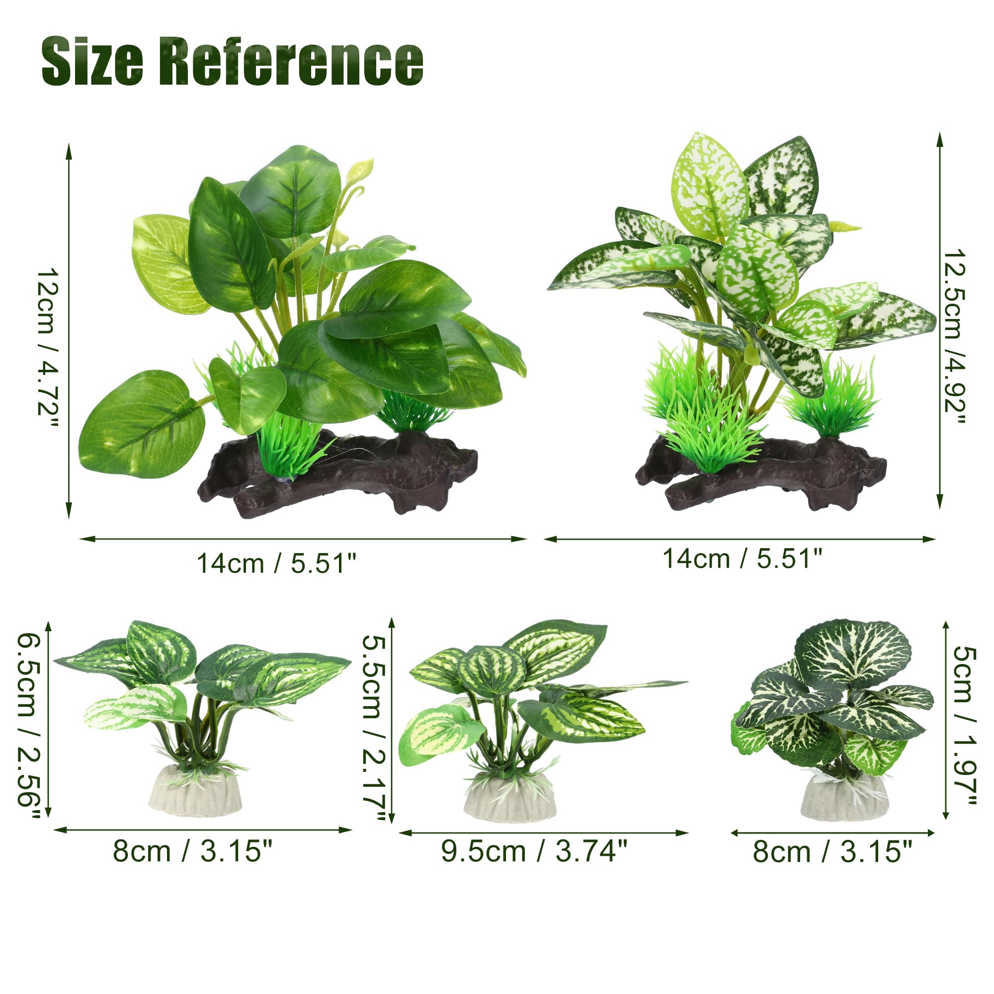 CAPASTEC Aquarium Silk Plants with Driftwood for Betta Fish - Plastic Decorations, Green 5pcs, 14cm-8cm / 5.51"-3.15"(max-min) - Image 3
