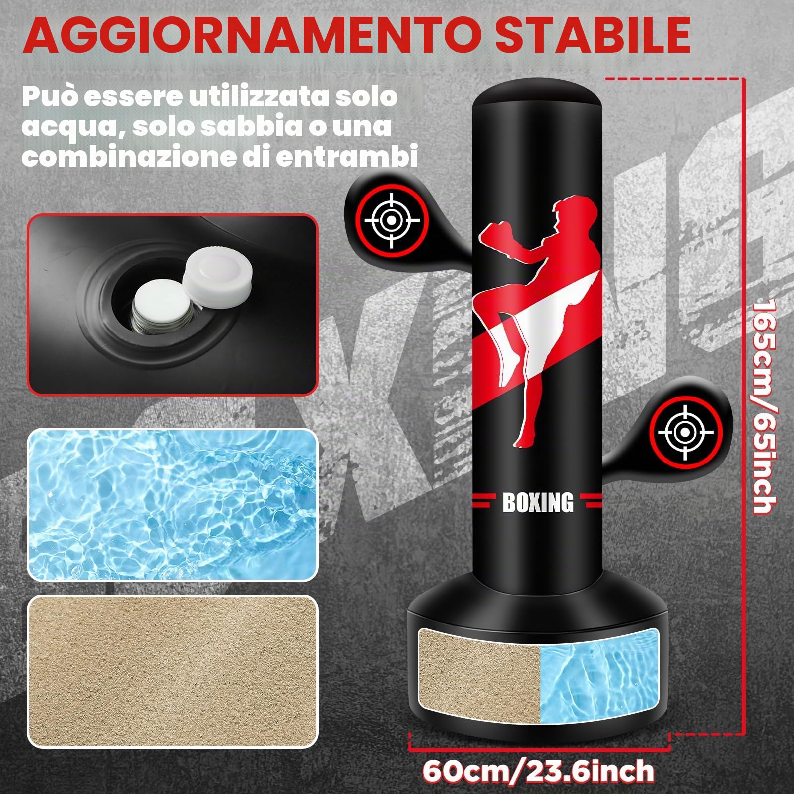 Sacco da boxe bambini, set da boxe con pompa e corda per saltare 165 cm, grande sacco boxe gonfiabile, regalo per bambini e bambine dai 3 ai 12 anni per esercitarsi con il karate