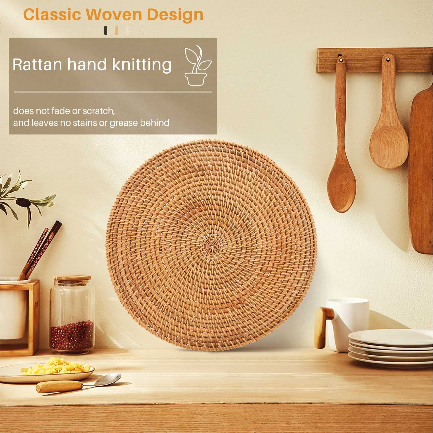 Eleqldwen Handwoven Rattan Placemats,Round Wicker Table Mats, Natural Woven Placemats for Dinner Table,Heat Mats - Image 2