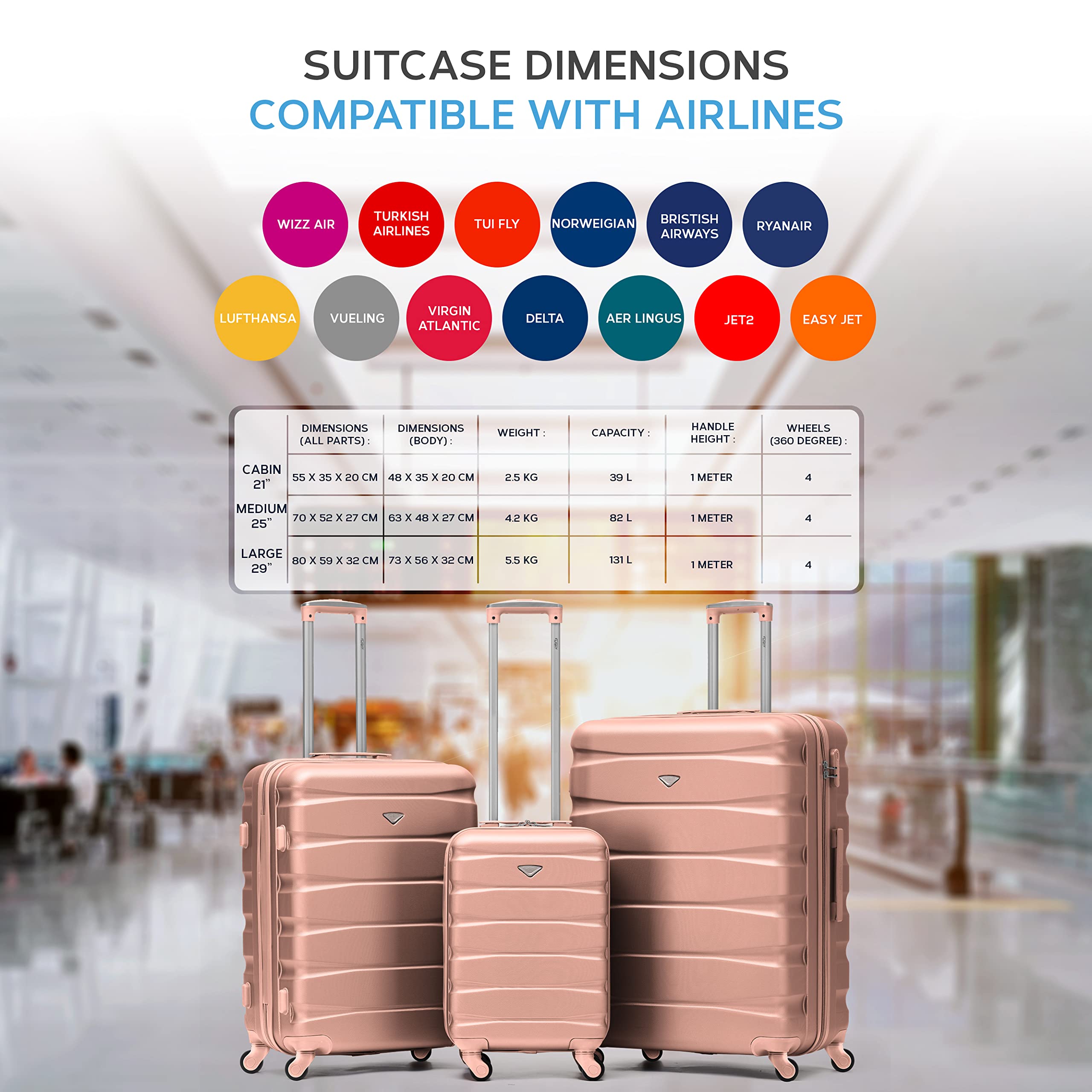Flight Knight Lightweight 4 Wheel ABS Hard Case Medium Suitcase Approved for Over 100 Airlines Including easyJet, British Airways, Ryanair, Jet2, Emirates & Many More - Check-in Medium Size 25"