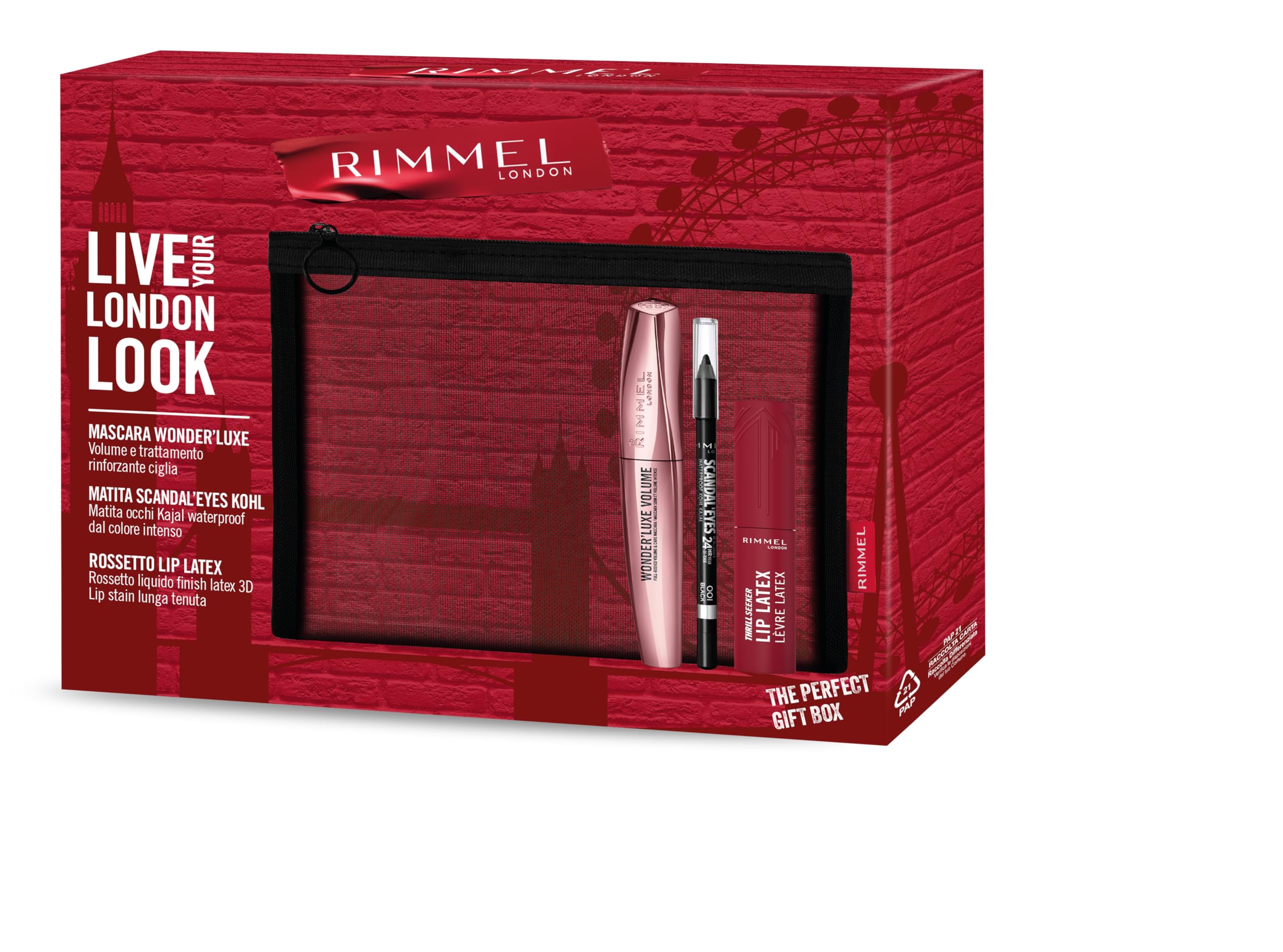 Rimmel London Cofanetto Regalo Live Your London Look, Pochette con Mascara Wonder'Luxe Volume, Matita Occhi Scandal'Eyes Kohl Black Waterproof e Rossetto Liquido Thrill Seeker Lip Latex