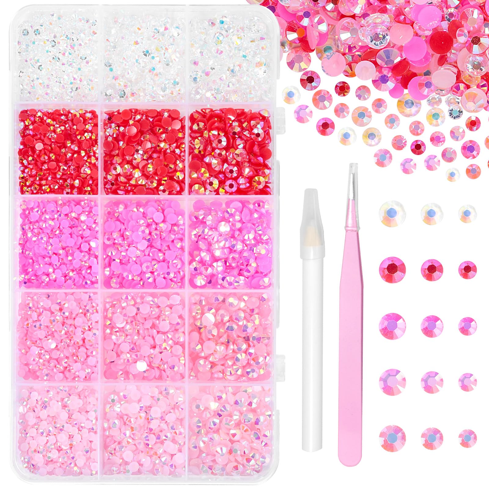 12000 Pcs Resin Jelly Rhinestones for Crafting, Multi Sizes Flatback Pink Color Gems, Bedazzling Crystal with Pickup Tool for DIY Crafts Clothing