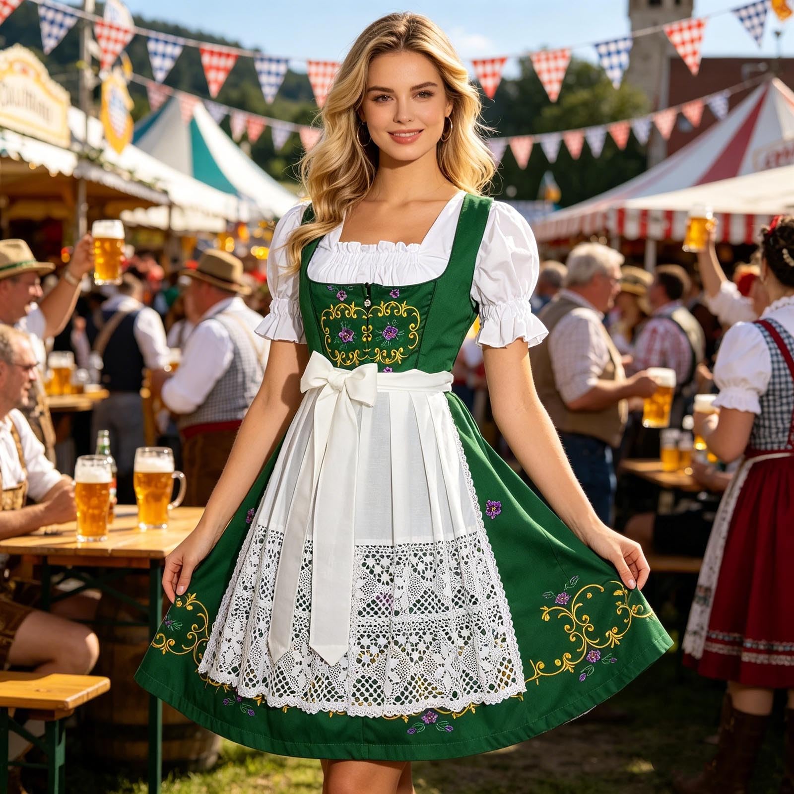 Generisch Neuheiten 2026 Traditionelles Biermädchenkleid fürs Oktoberfest – Elegantes Ensemble mit Schnürmieder, Blumenschürze mehr