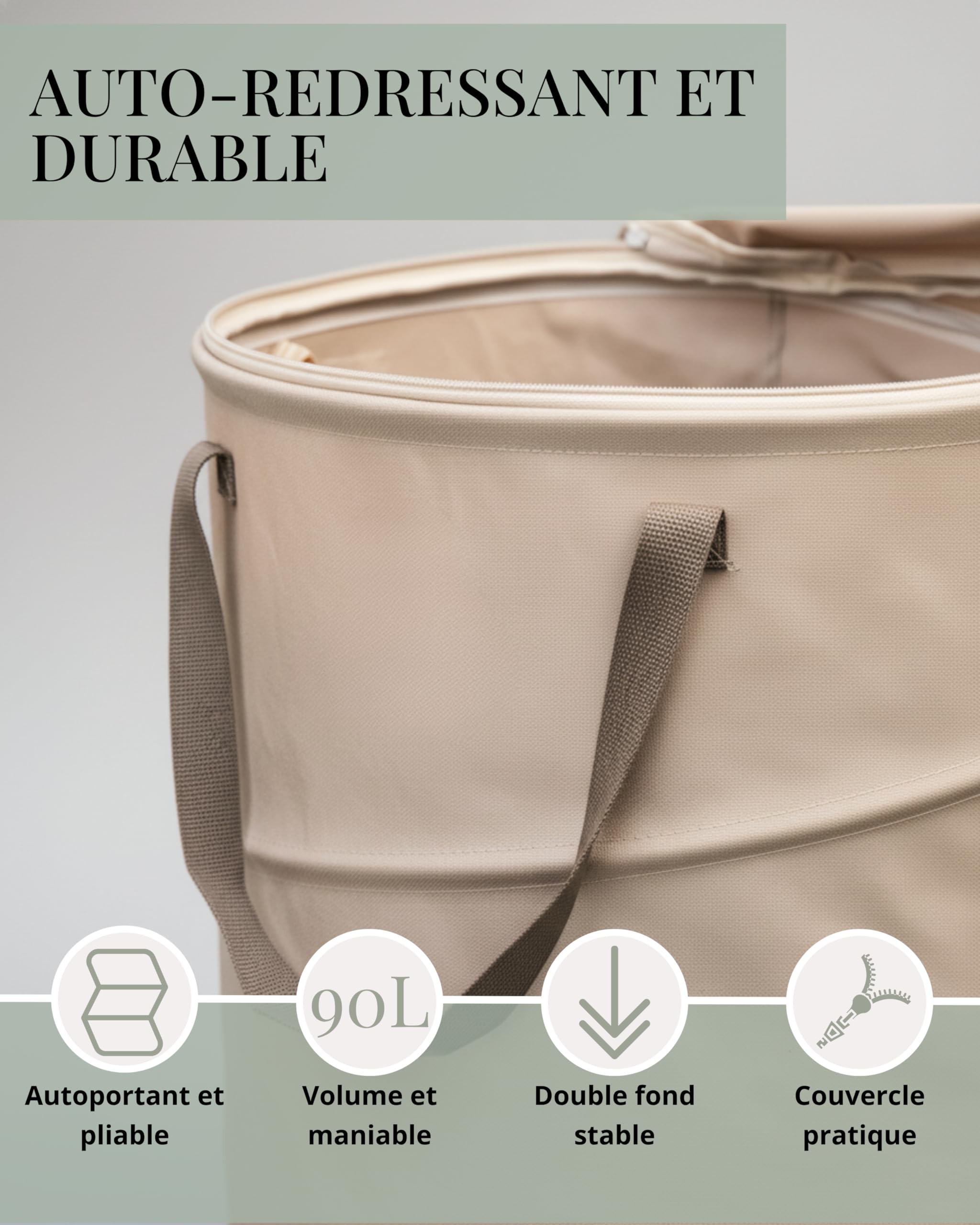 Sac de jardin LIVLIG Pop Up 90L, Sac à déchets de jardin pliable avec couvercle et double fond, Sac à feuilles stable avec couvercle, Sac à feuilles et sac à déchets de jardin Beige, 2 pièces