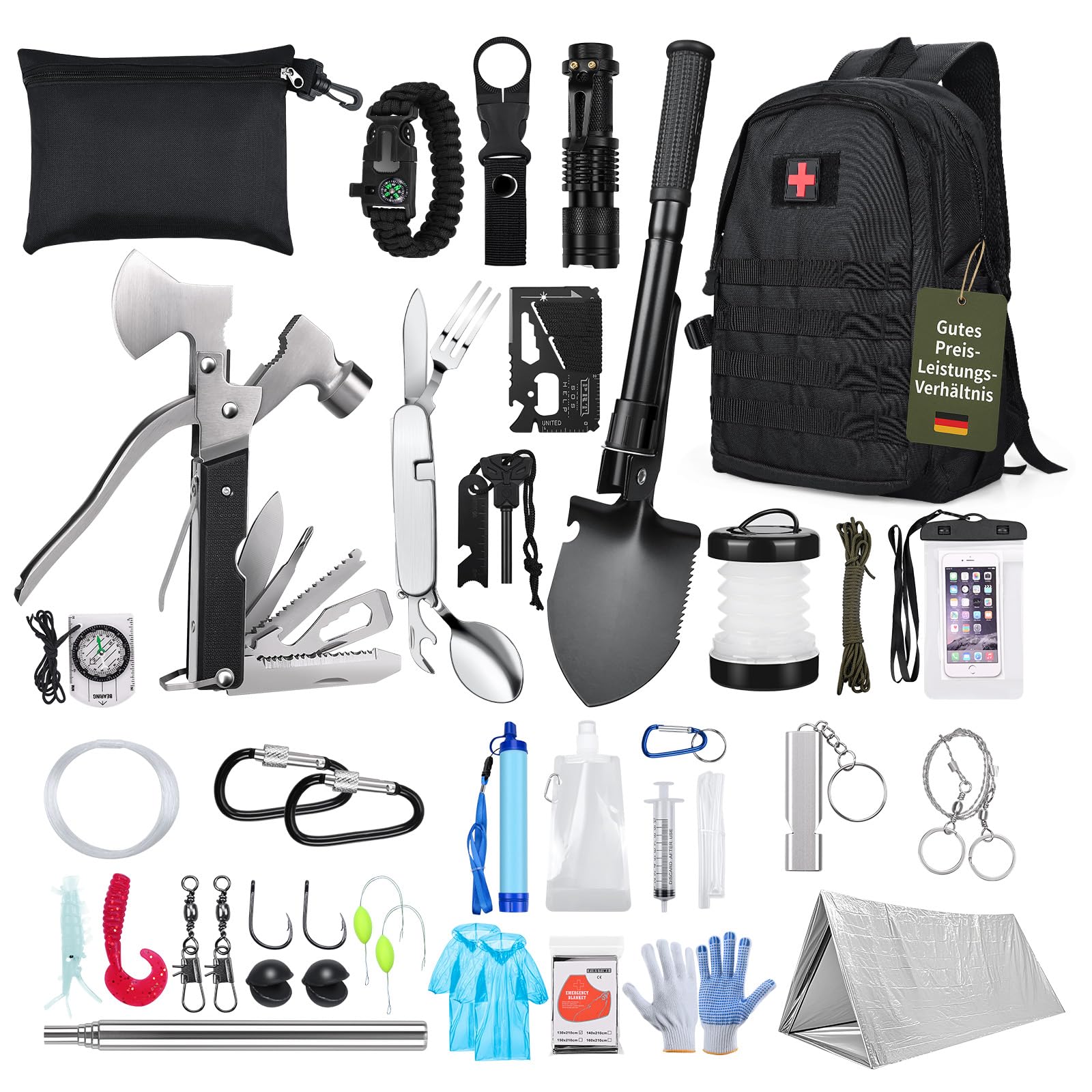 Survival Kit All-in-1 – Notfallset von MMOBIEL – Survival Ausrüstung mit Wasserfilter, Multi-Tool usw. für Outdoor, Camping, Abenteuer, Wandern im Freien – Geschenke für Männer