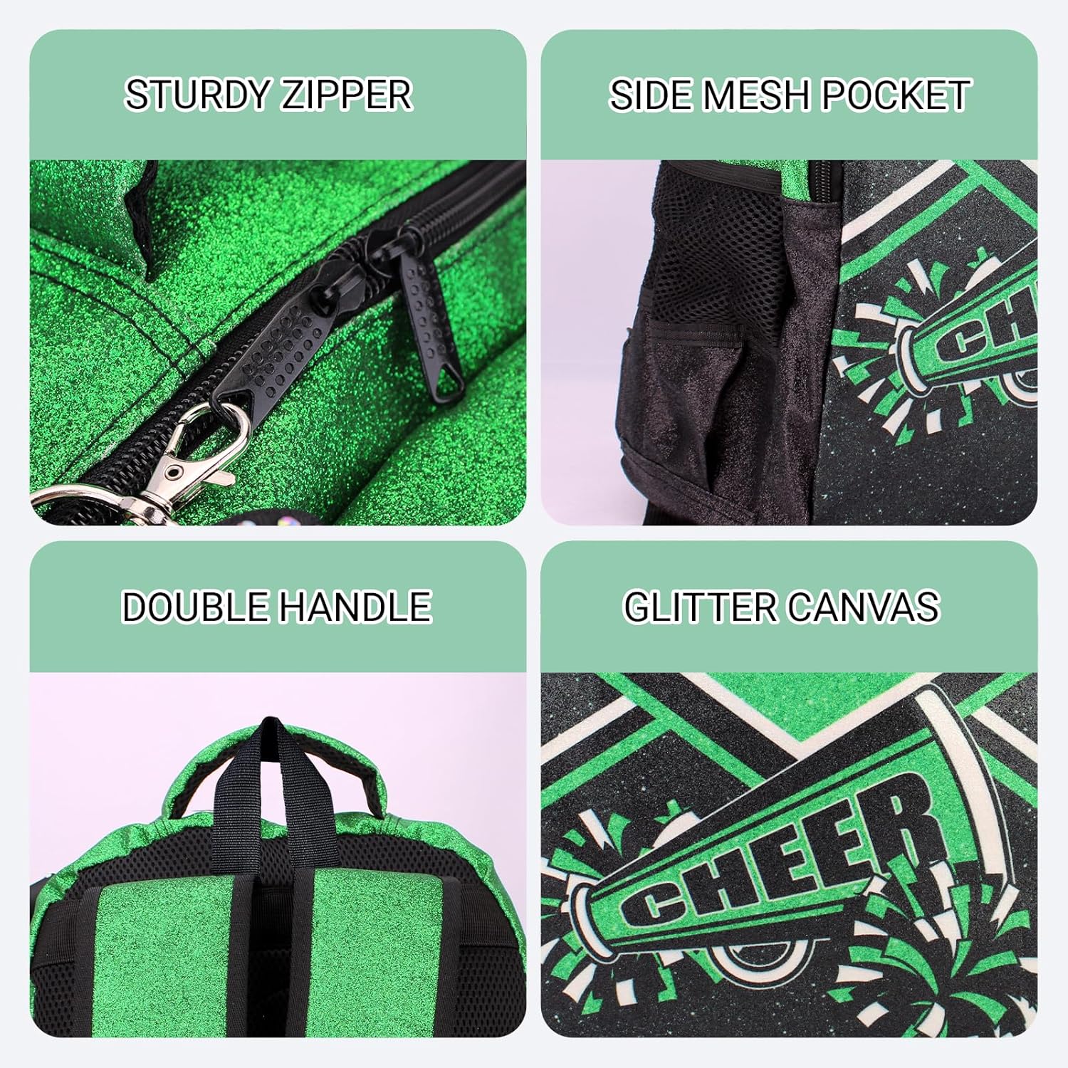 Cheer Backpack with Ribbon Keychain, Glitter Cheerleading Backpack for Women, Cheerleader Gifts (Green) - Image 5