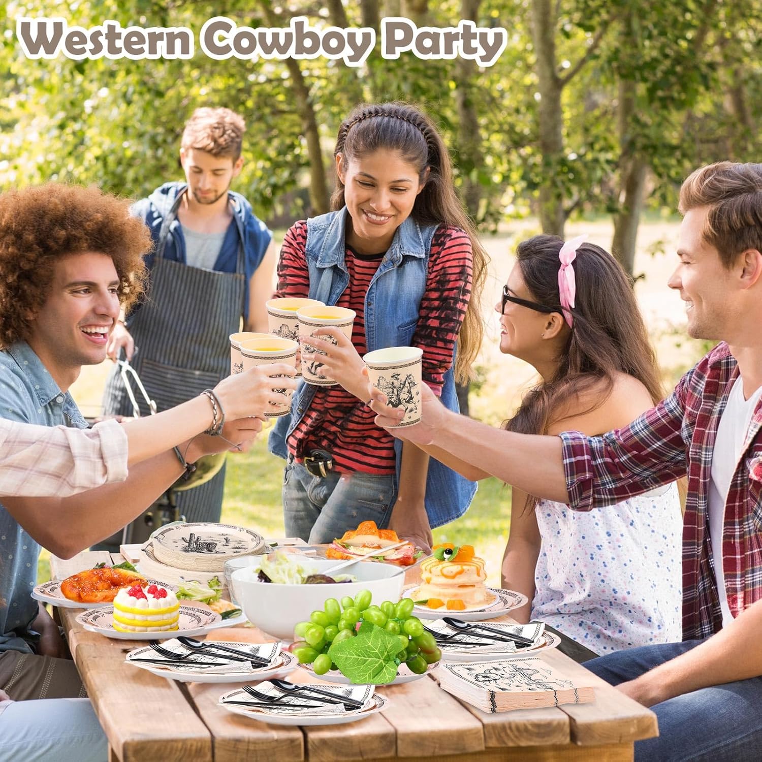 Pickmesh 400 Pcs Western Cowboy Party Plates and Napkin Decoration Wild West Rodeo Paper Tableware Cups Knives for Rodeo Bachelorette and Wild Cowboy Birthday Party Supplies Serve 50