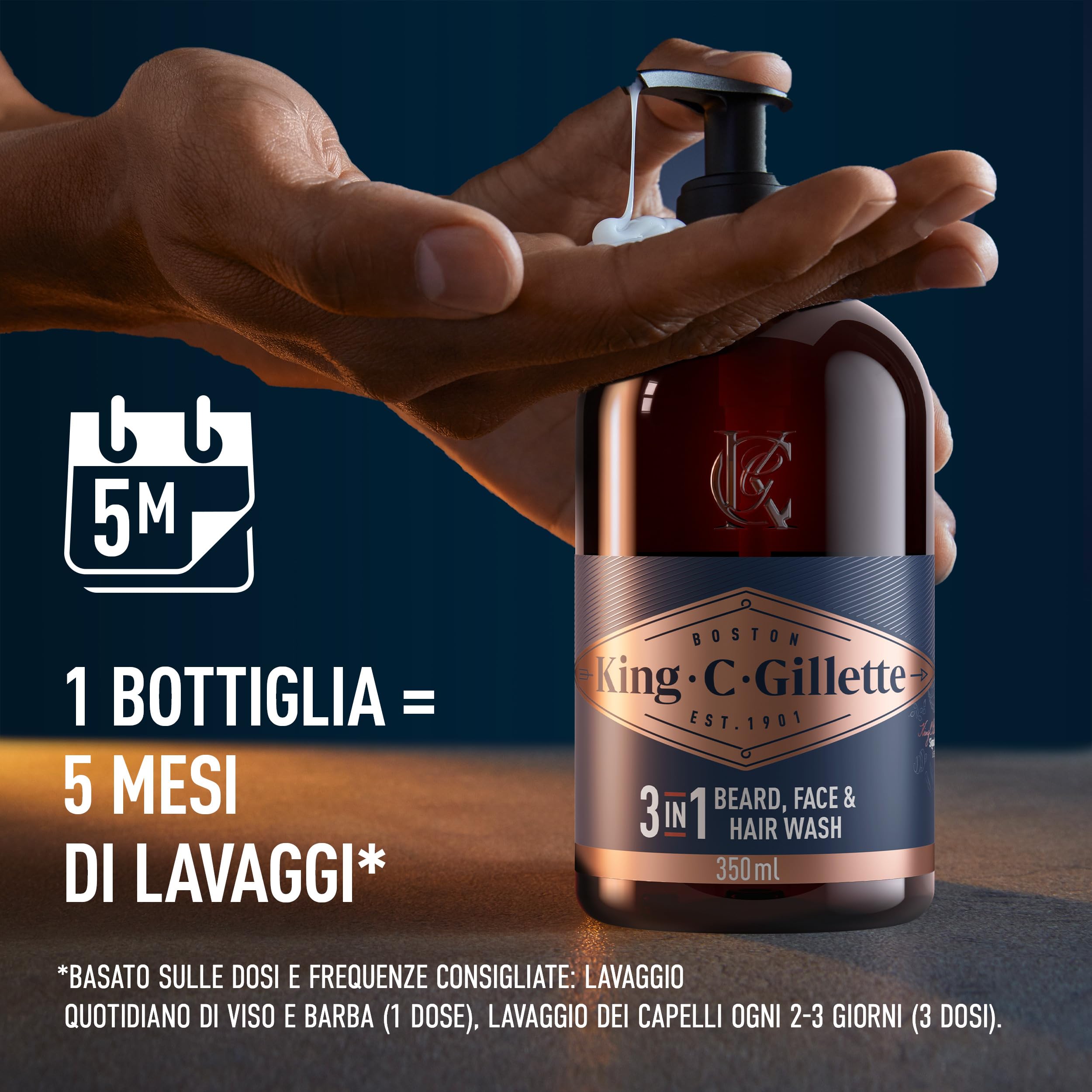 King C. Gillette Detergente Viso Uomo 3 in 1, Sapone Barba, Viso e Capelli, Pulizia e Freschezza, Profumazione King C., Cura della Barba, Idea Regalo Uomo