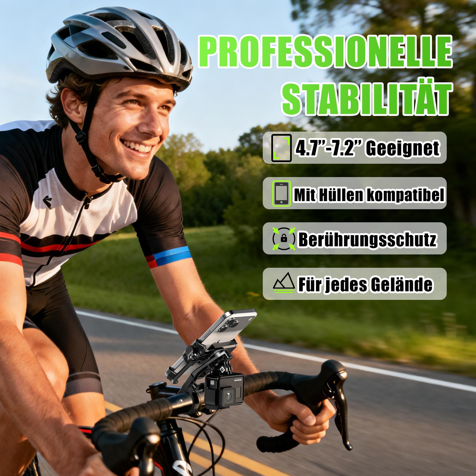 RBRL Fahrrad Handyhalterung Ebike, 1s Schnellspanner Lenker Handyhalter, CNC Aluminium für maximale Stabilität, Anti-Vibrations V-Klemme für Fahrrad, keine Kamera-Blockierung, 4,7–7,2 Zoll Smartphones