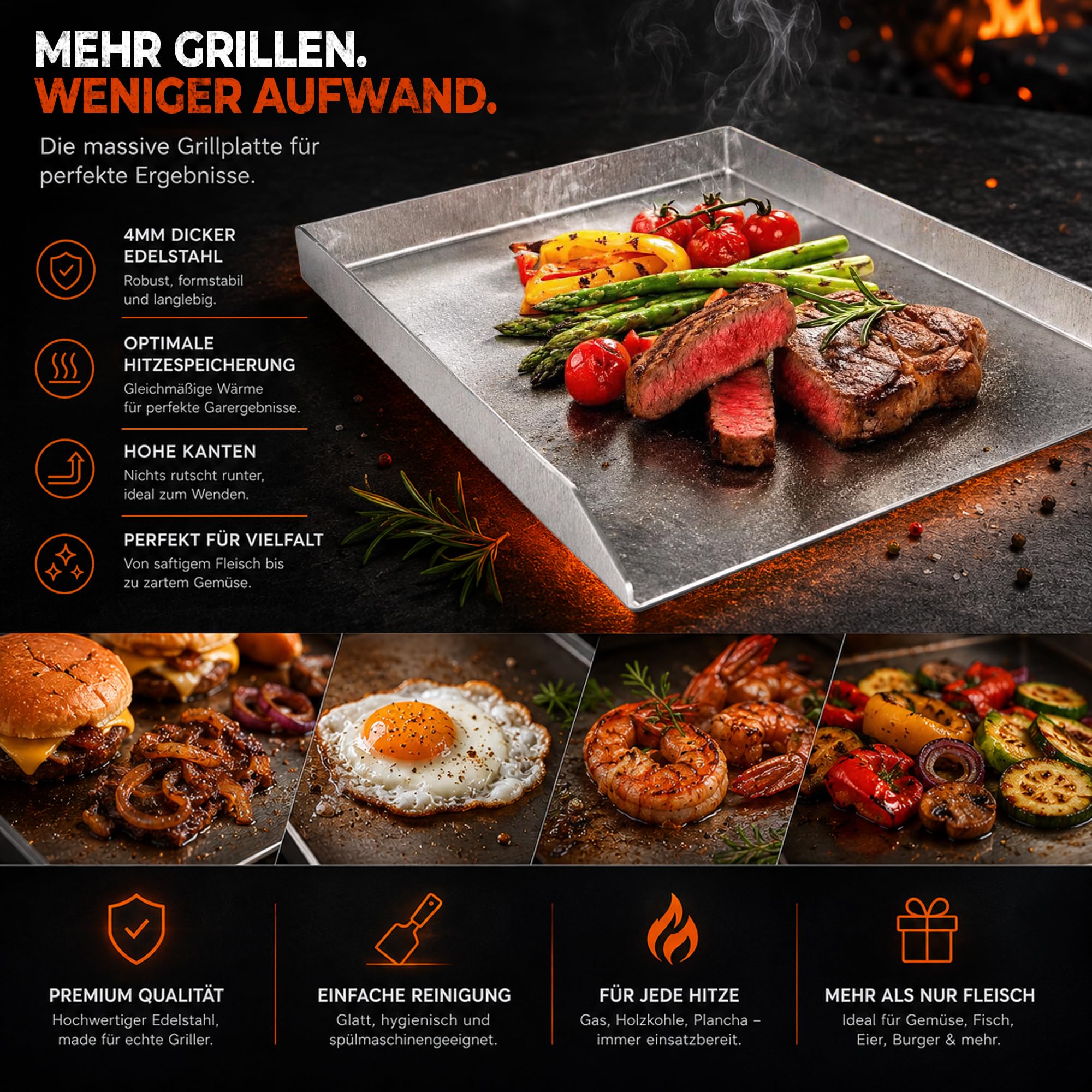 ELITE BBQ V2A Edelstahl Universal Grillplatte BBQ Plancha 40 x 30 massiv 4mm Stärke Grillblech Bratplatte geeignet für Holzkohlegrills Gasgrills wie Weber Napoleon Grill Campingaz Broil King
