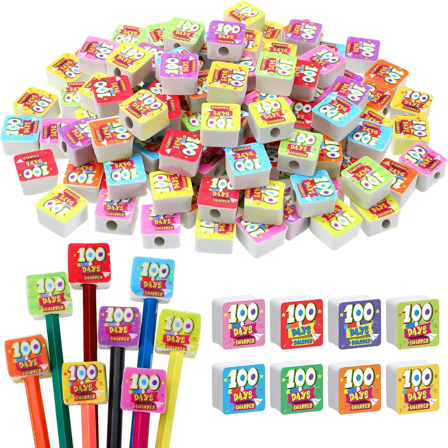 Chivertion 120 Pcs 100th Day of School Pencil Erasers
