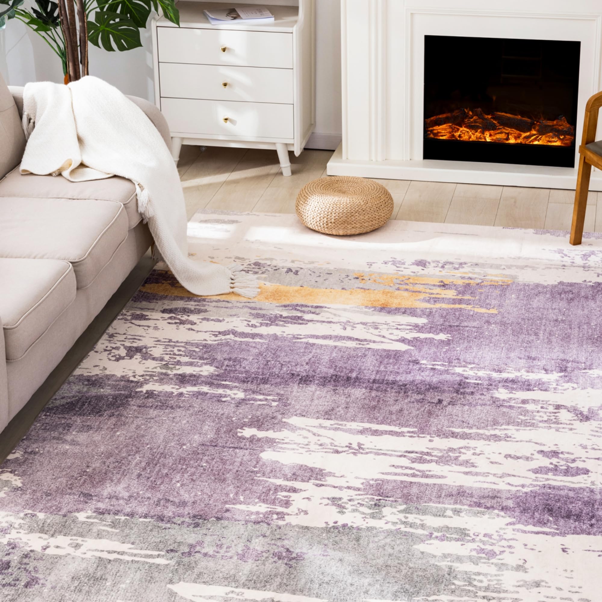 Carvapet Purple Rugs for Living Room, 8x10 Large Washable Area Rug Ultra Soft Abstract Modern Rug, Stain Resistant Carpet, Foldable, Machine Washable, Boho Bedroom Rug Featuring Rubber Backing