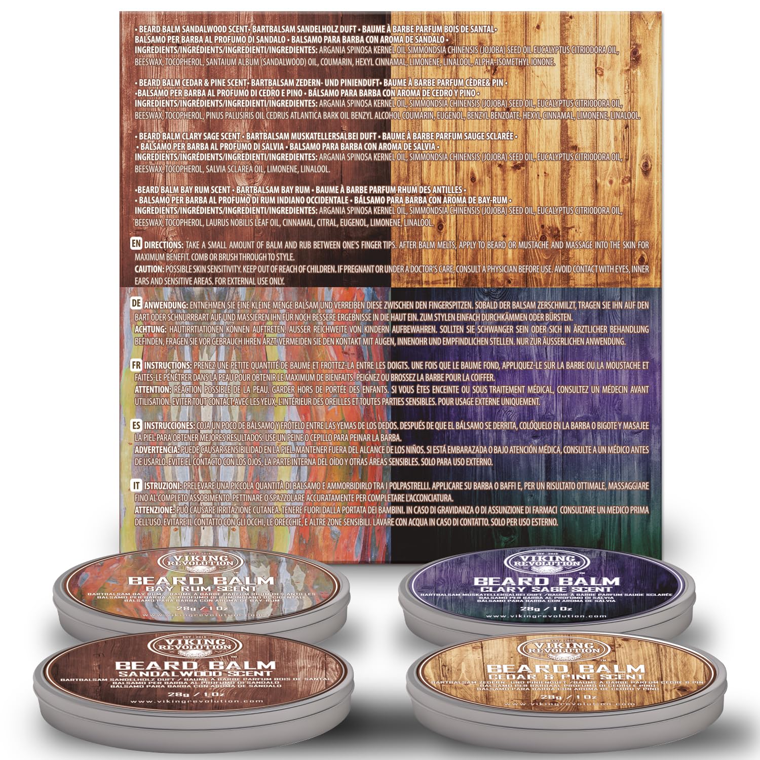 Viking Revolution - Balsamo Barba Uomo - Regalo Uomo - Modella e Ammorbidisce Baffi con Sandalo, Pino, Cedro, Bay Rum e Salvia Sclarea - Set 4x28g