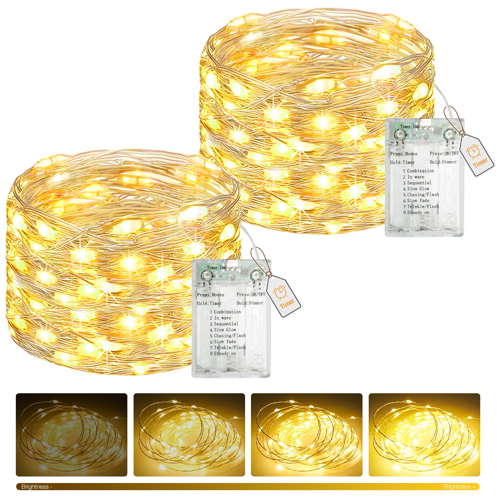 btfarm 2 Pack Fairy Lights Battery Operated with Timer Dimmable, 8 Modes String Lights USB Powered, 5 M 50 LED Christmas Small Lights Waterproof for Xmas Tree Indoor Outdoor Bedroom Decor, Warm White — image 1