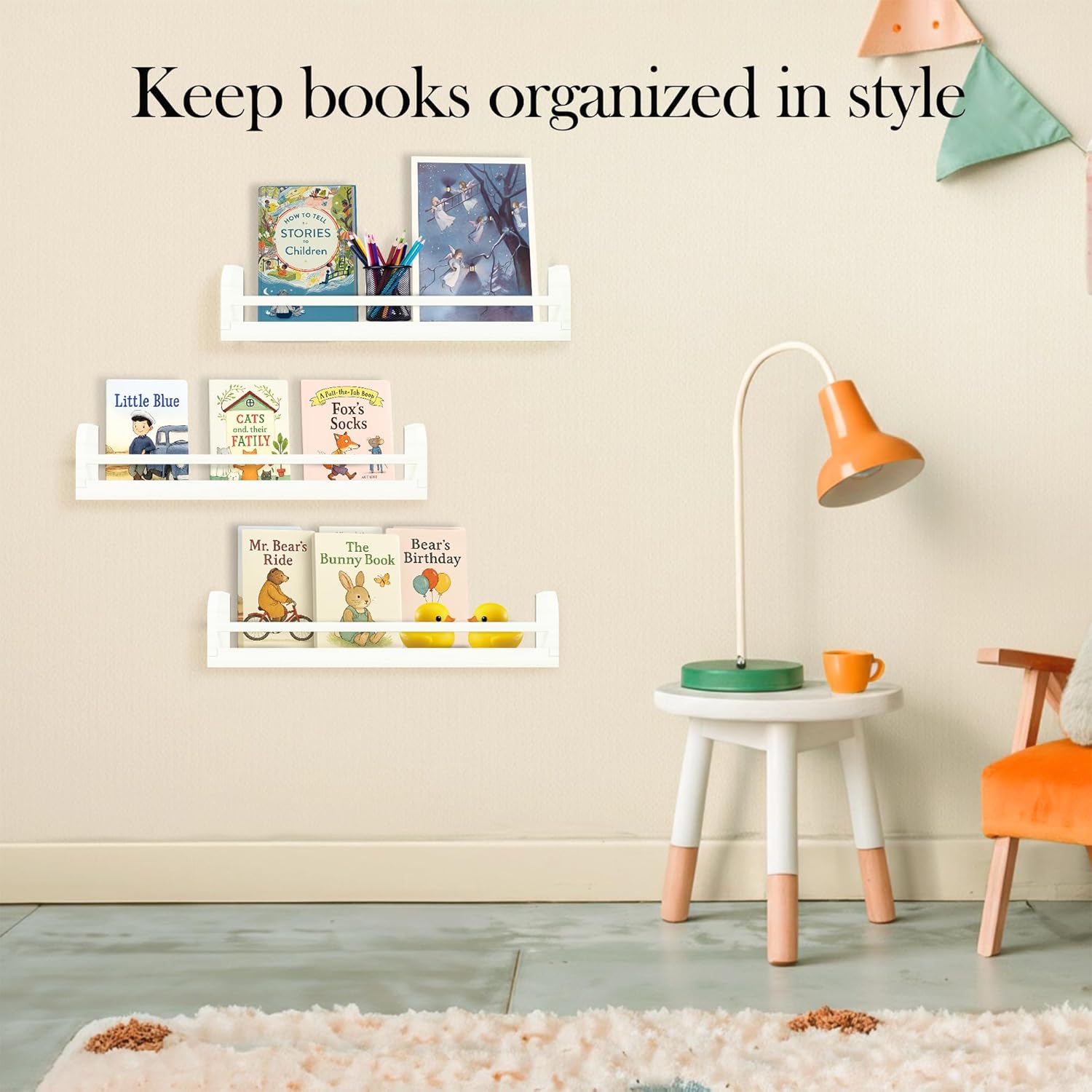 Floating Nursery Book Shelves, 16.5 inch Wall Book Shelves Kids Room, Set of 3 Baby Shelves for Nursery Décor, Ideal Wooden Nursery Shelves for Teens Kids Room, Bedroom Bathroom and Kitchen (White)