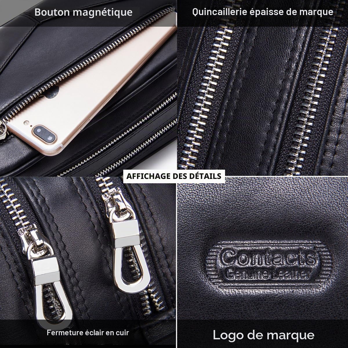 Contacts Homme Trousse de Toilette de Affaires Voyage en Cuir de Vache avec Grande Capacité Double Fermeture Éclair