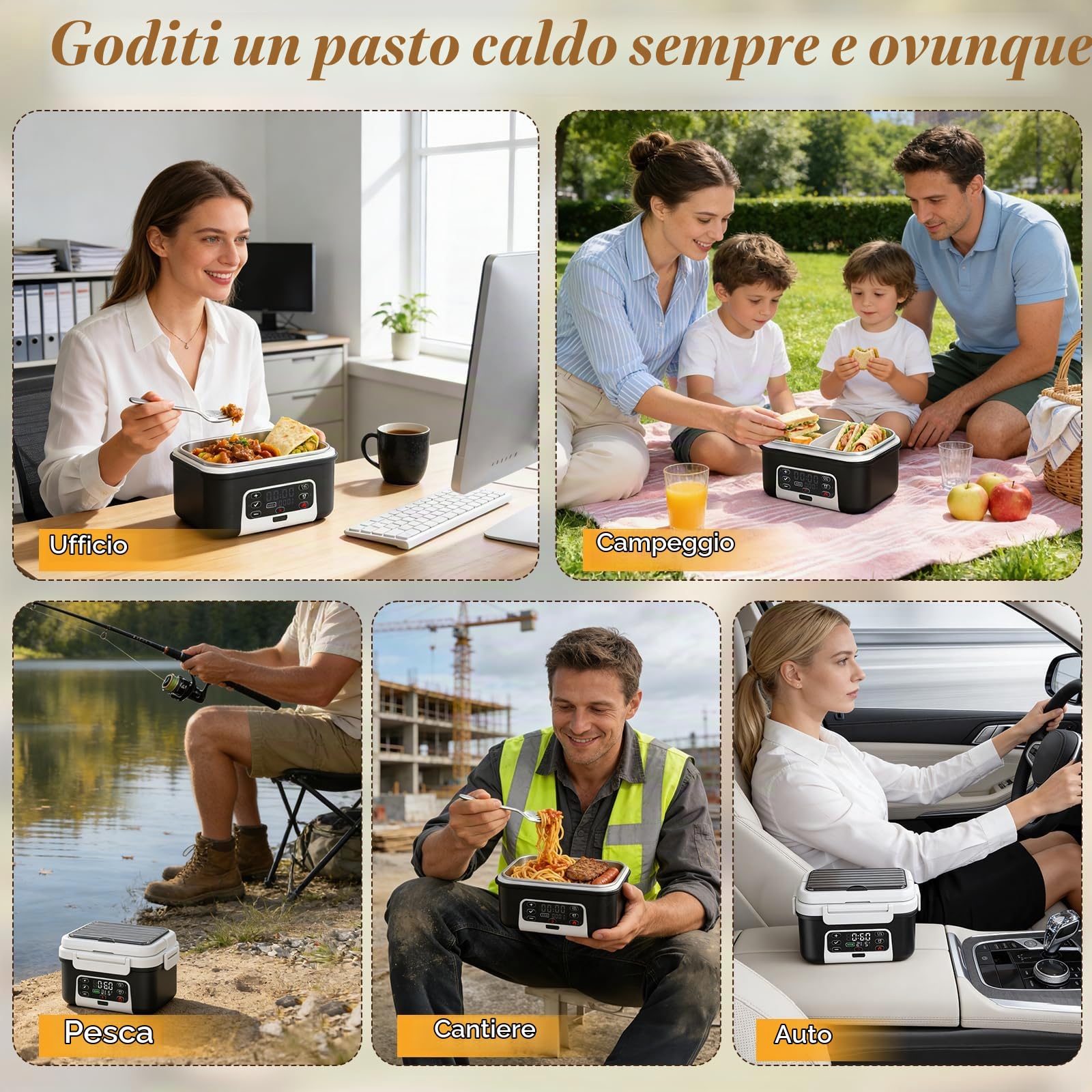 Lunch Box Riscaldato, Lunch Box Riscaldato Intelligente da 1.5L con Touchscreen, Lunch Box Riscaldato Wireless con Piatti in Acciaio Inox e Borsa Termica, Ideale per l'Ufficio/Viaggi/Campeggio