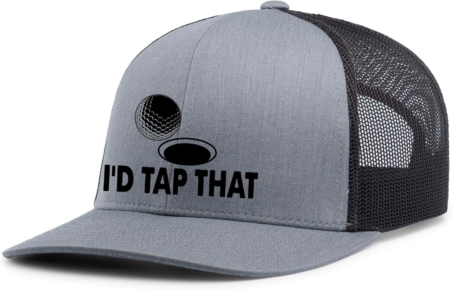 Mens Golf Hat Funny I'd Tap That Golf Ball Mesh Back Trucker Hat, Heather Grey/Black