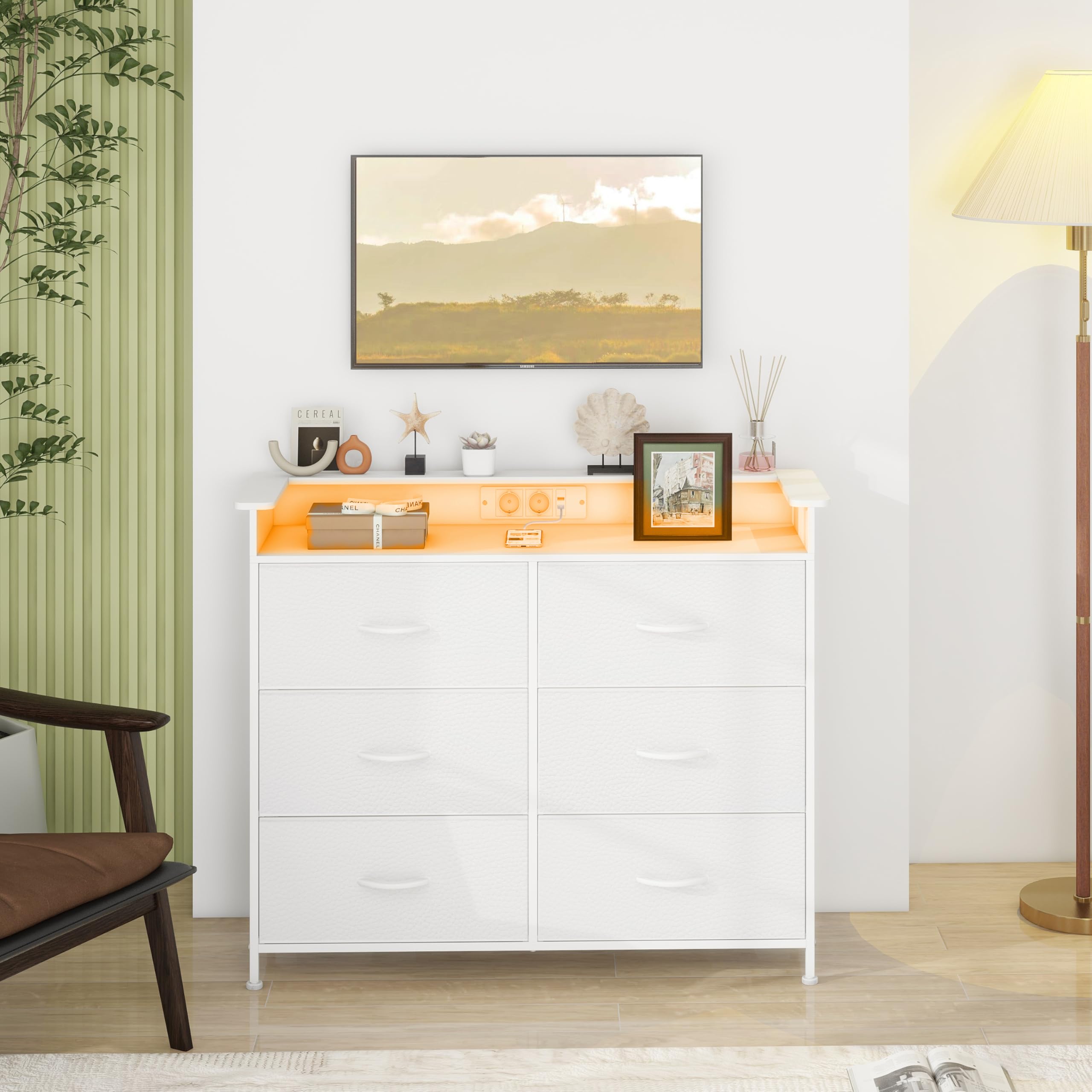 VEDECASA Cassettiera con 6 cassetti e illuminazione a LED, cassettiera con 2 porte USB e 2 prese AC, torre portaoggetti con armadio per camera da letto, soggiorno e corridoio, telaio in metallo