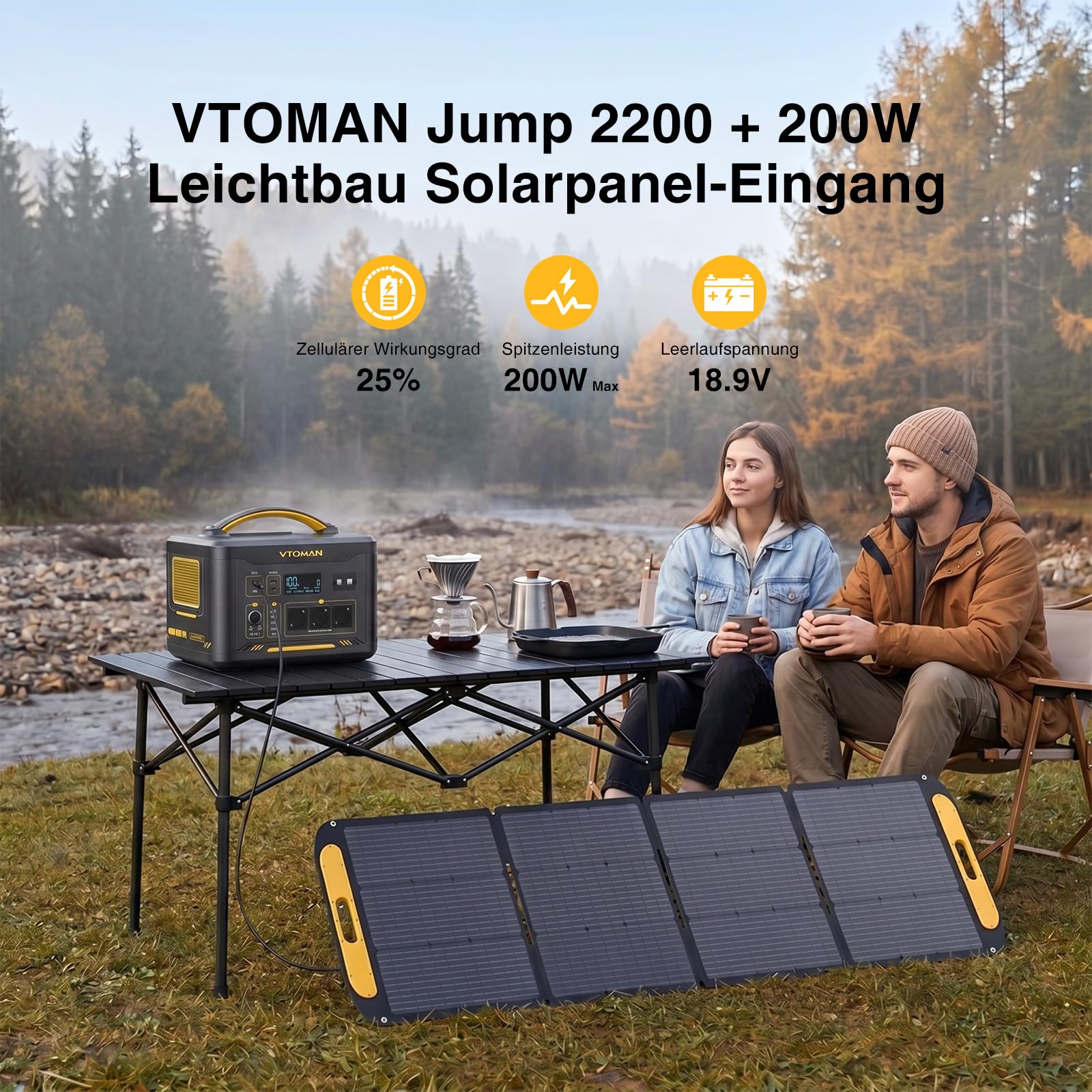 VTOMAN Jump 2200 Tragbare Powerstation mit 200W Leicht Faltbares Solarpanel - 2200W/1548Wh LiFePO4 Batterie Solar Stromgenerator, Erweiterbare Kapazität auf 3096Wh für Camping, Wohnmobil