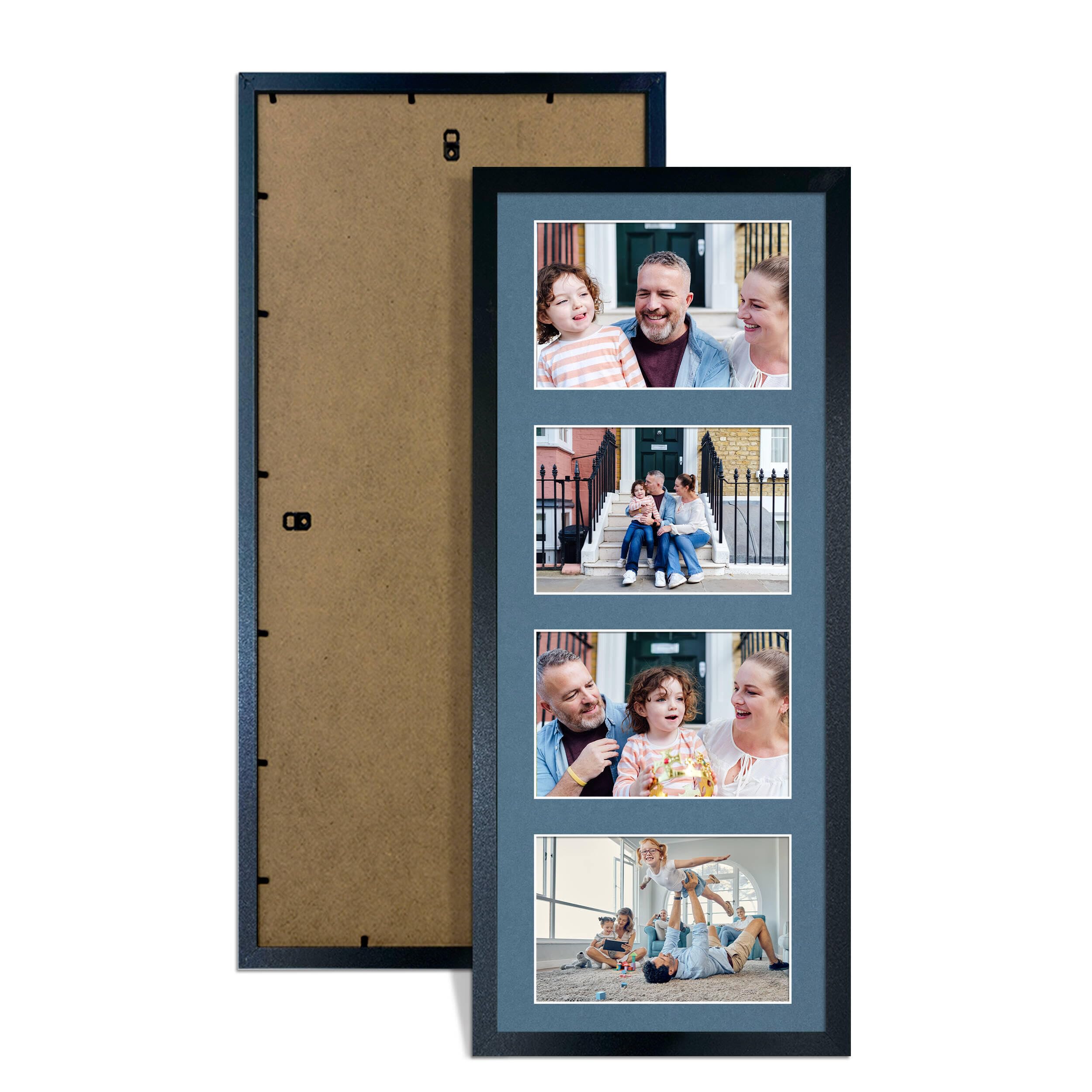 Alison Kingsgate Black 50x20cm Photo frames for multiple pictures - 4 Apertures Collage Frame with Pompadour Mount - Holds (4x) 6x4 Photos - Engineered Wood & Perspex
