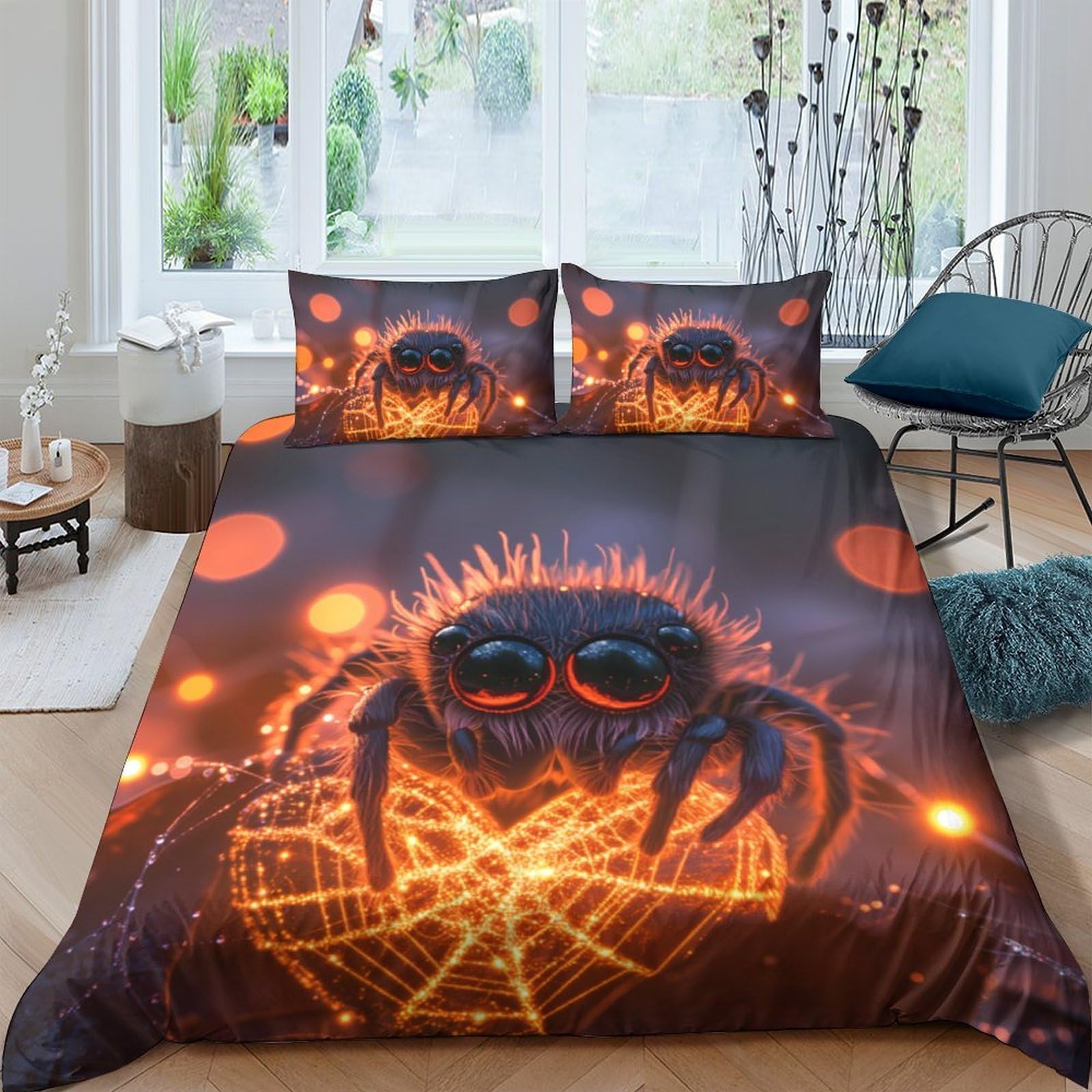 GPLZQXKJNH 3D Printed Spider Web Duvet Cover Microfiber Soft Orange Glow Bedding Set with 2 Pillowcases for Bedroom Decor Single（135x200cm）