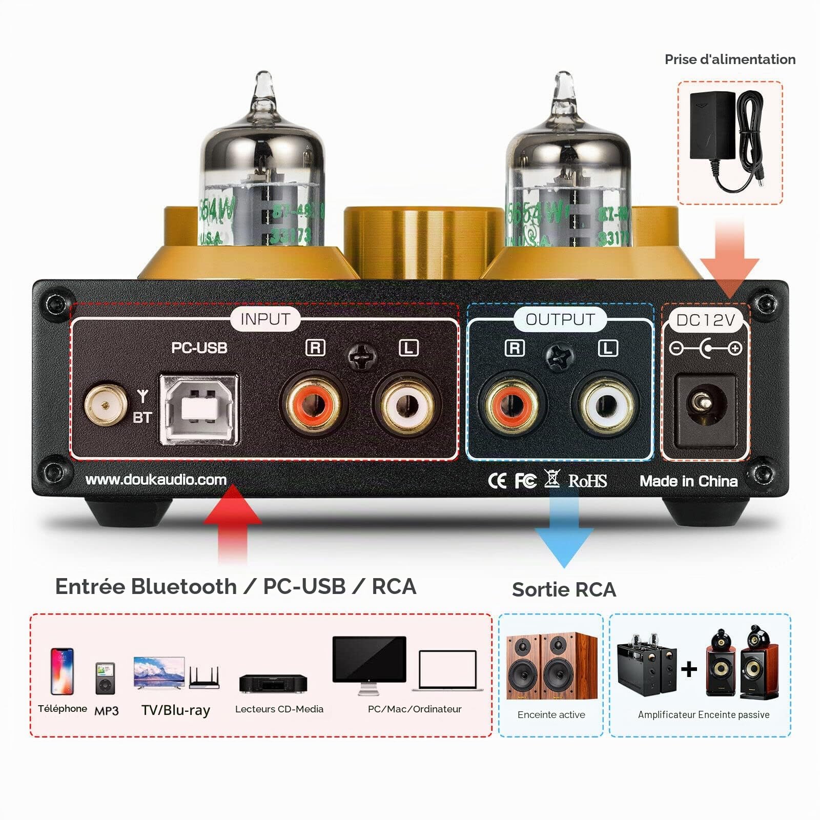 Douk Audio Préamplificateurs Hifi à tubes - Bluetooth 5.0 aptX - Sortie USB, DAC - Amplificateur de casque