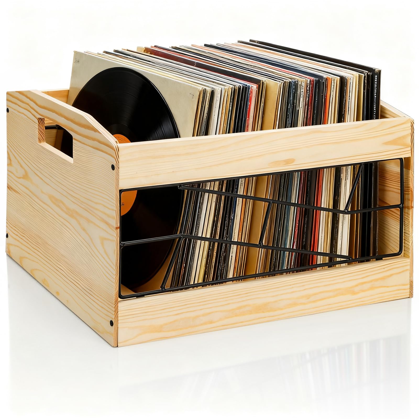 Vinyl Record Storage Crate, Wood Record Box with Handle, Holds up to 70+ Albums, Natural Cube CD Albums Shelf Holder Organizer, File Organizer Rack for Desktop, Home, Office