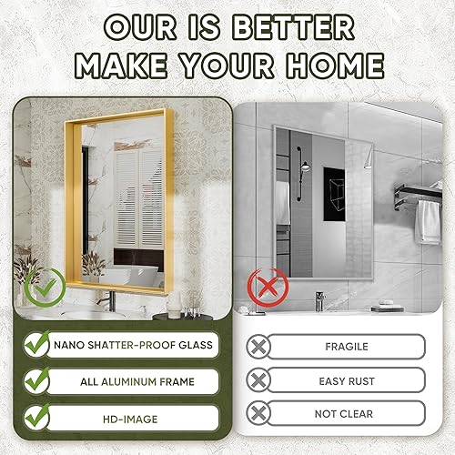 Miniatura 4 de Suidia Espejo de baño, espejo de pared de 24 x 32 pulgadas, marco de metal cepillado, espejo rectangular montado en la pared para sala de estar,