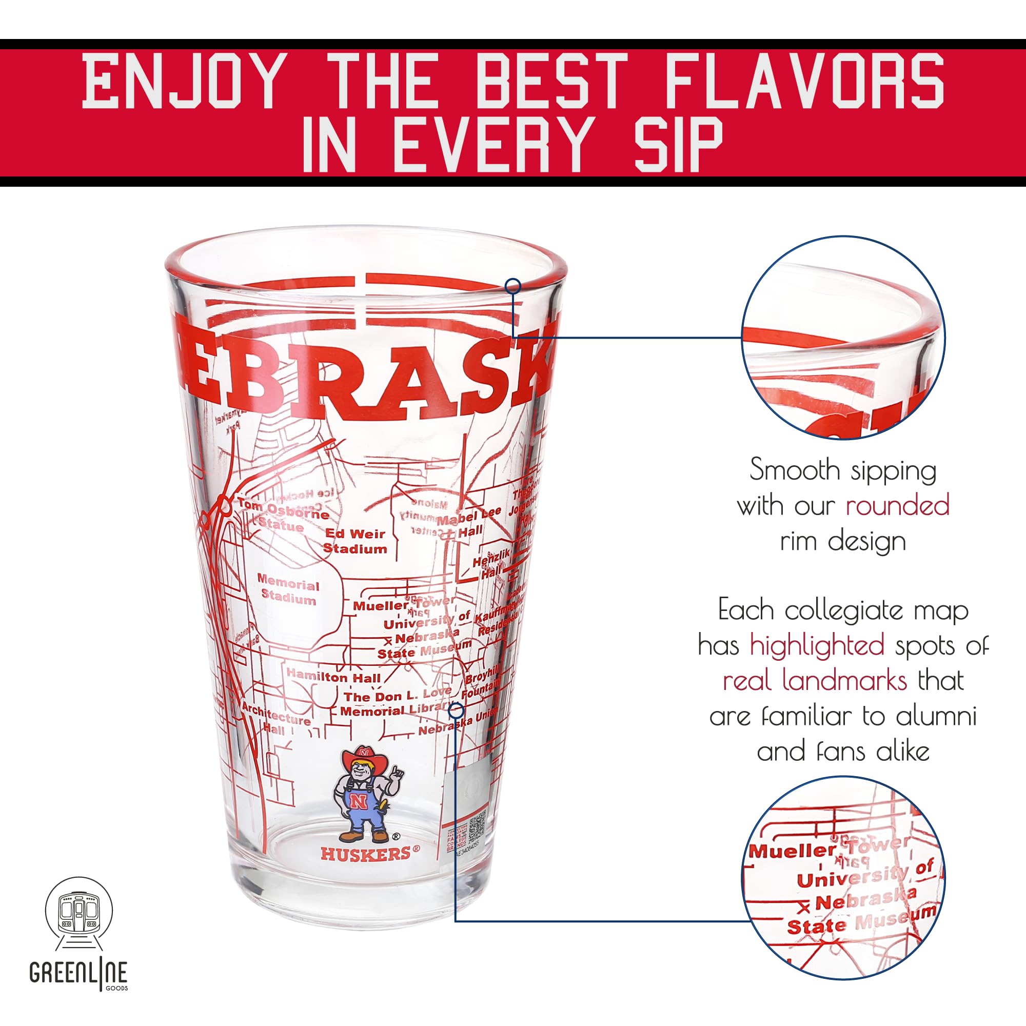 Greenline Goods University of Nebraska Pint-Gläser, 2 Stück, enthält farbiges Nebraska Huskers-Logo und Campus-Karte, Huskers Geschenkidee für College-Absolventen und Alumni, College-Glaswaren
