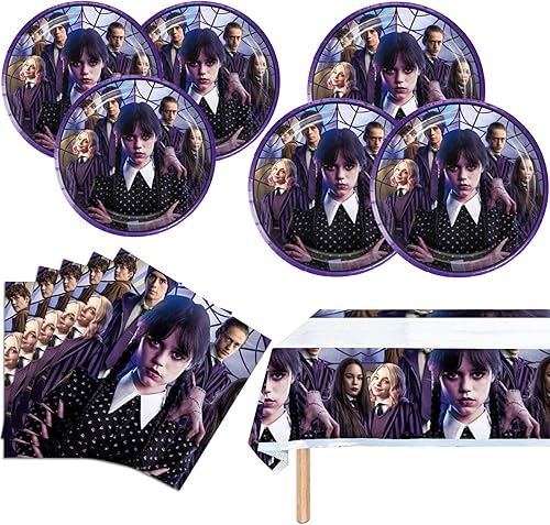 Wednesday New Addams - Decoraciones para fiestas, 20 platos, 20 servilletas y 1 mantel para suministros de fiesta de cumpleaños de Wednesday New