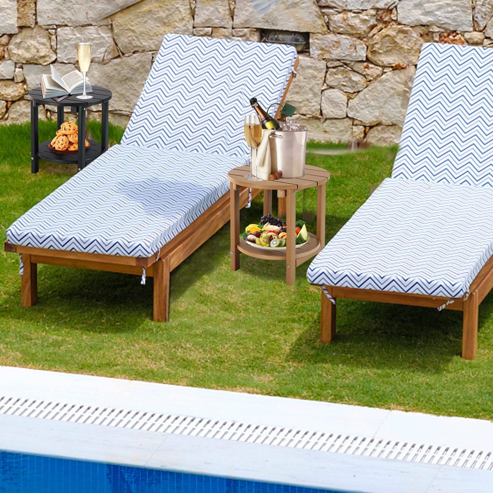 Adirondack - Mesa auxiliar redonda doble, para exteriores e interiores, mesa de fácil mantenimiento y resistente a la intemperie para piscina, patio y jardín trasero (teca) 5